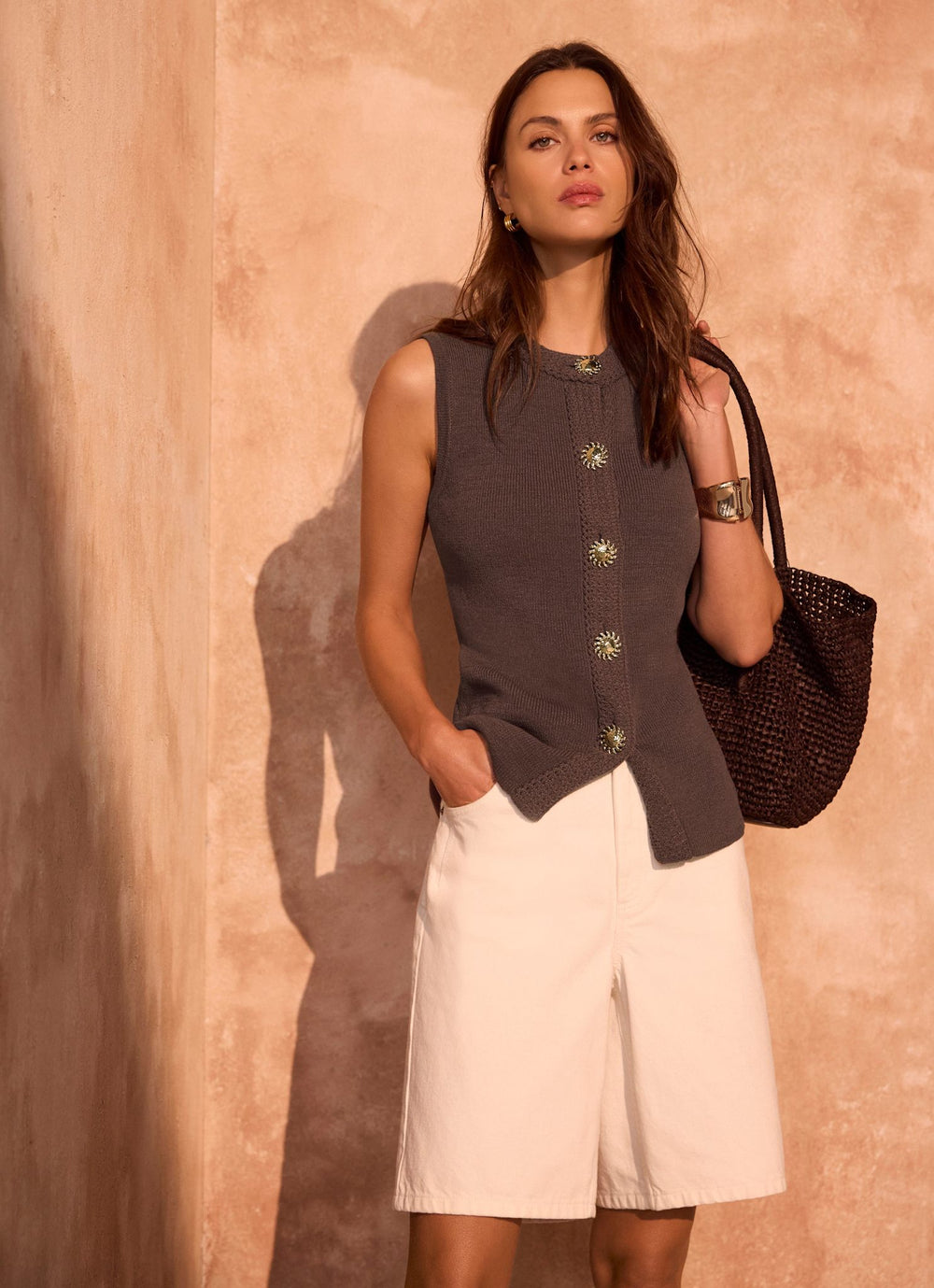 Brown Sunray Button Knit Sleeveless Top