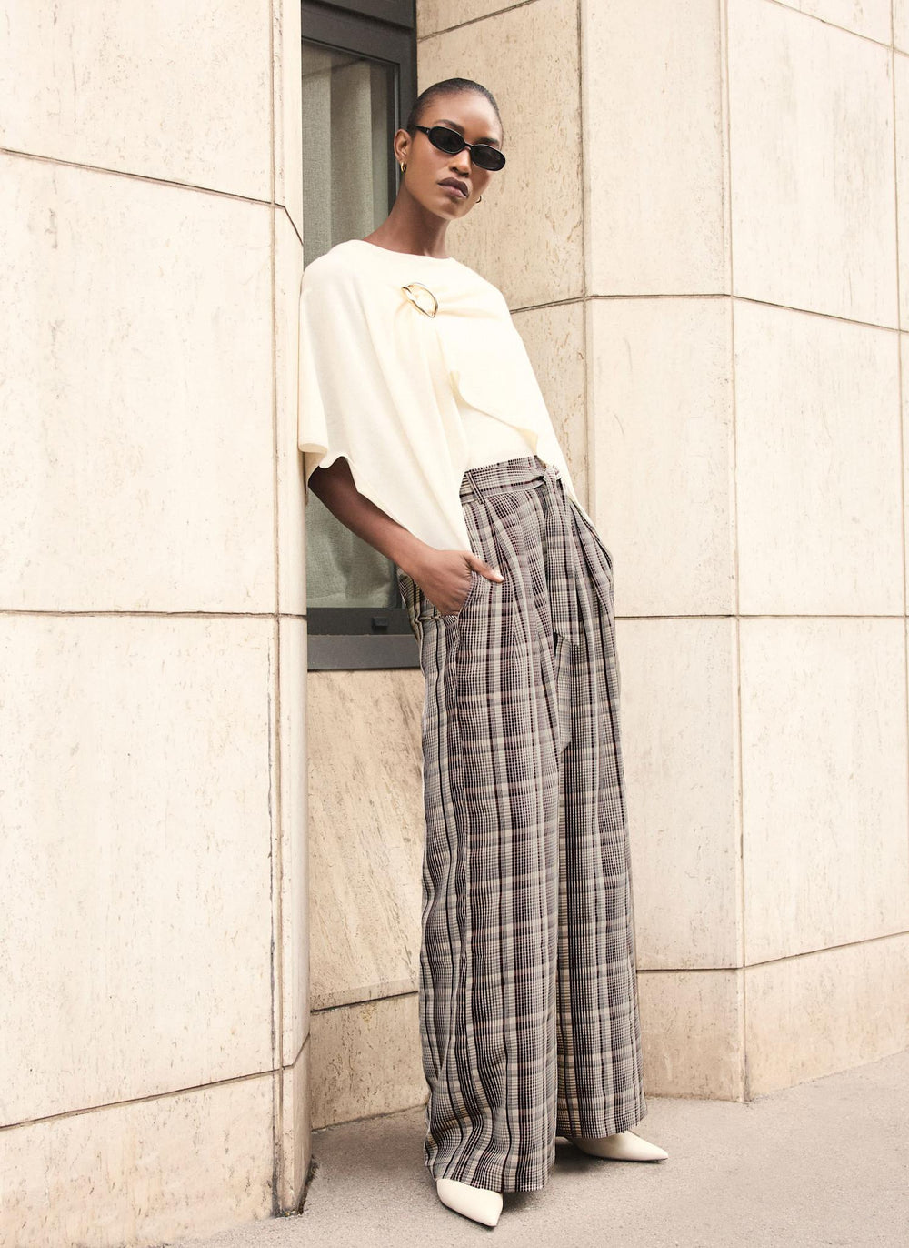 Brown Check Belted Wide Leg Trousers