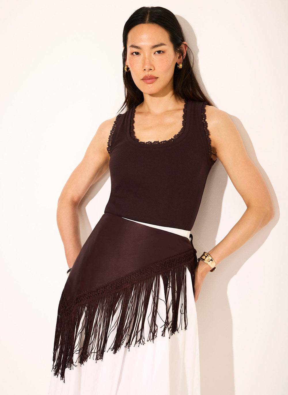 Brown Crochet Trim Vest Top
