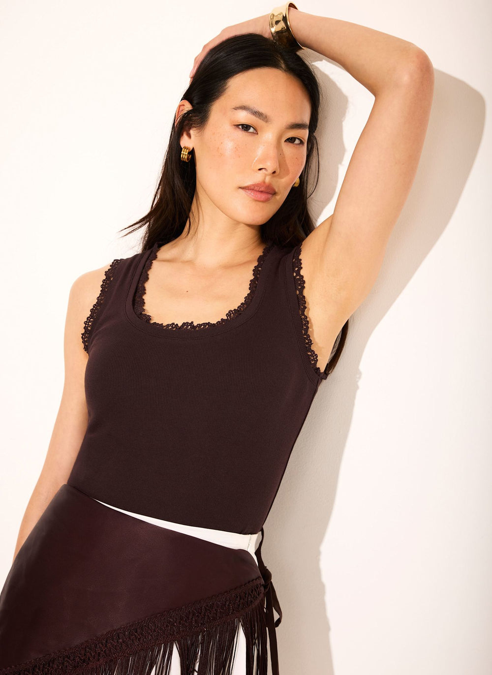 Brown Crochet Trim Vest Top