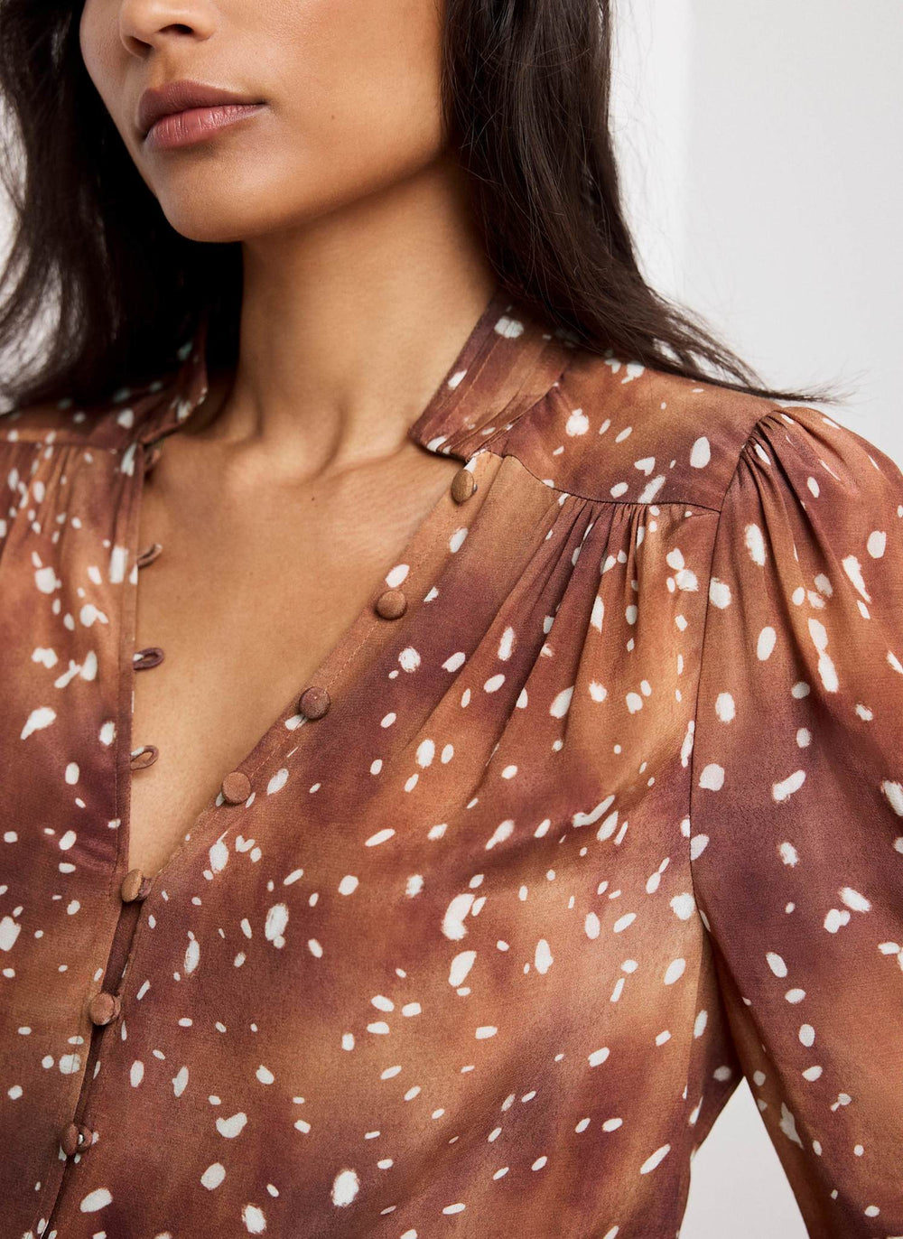 Brown Deer Print Button Blouse