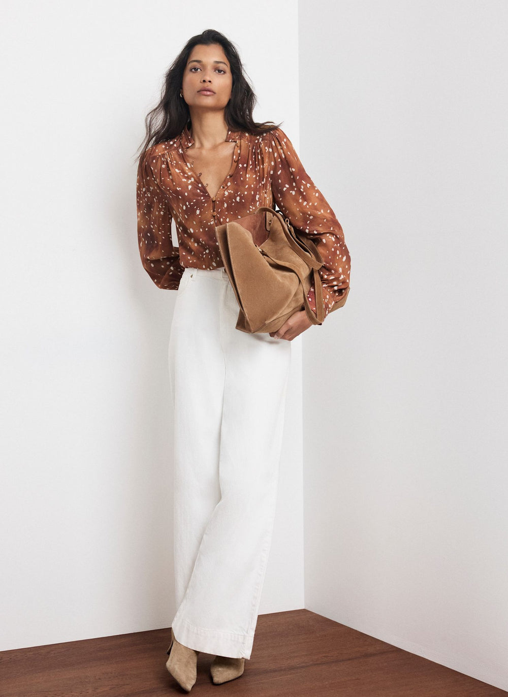 Brown Deer Print Button Blouse