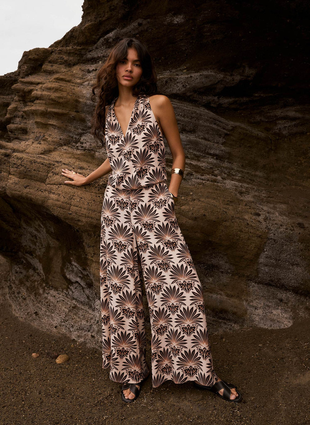 Neutral Satin Geo Print Halter Top
