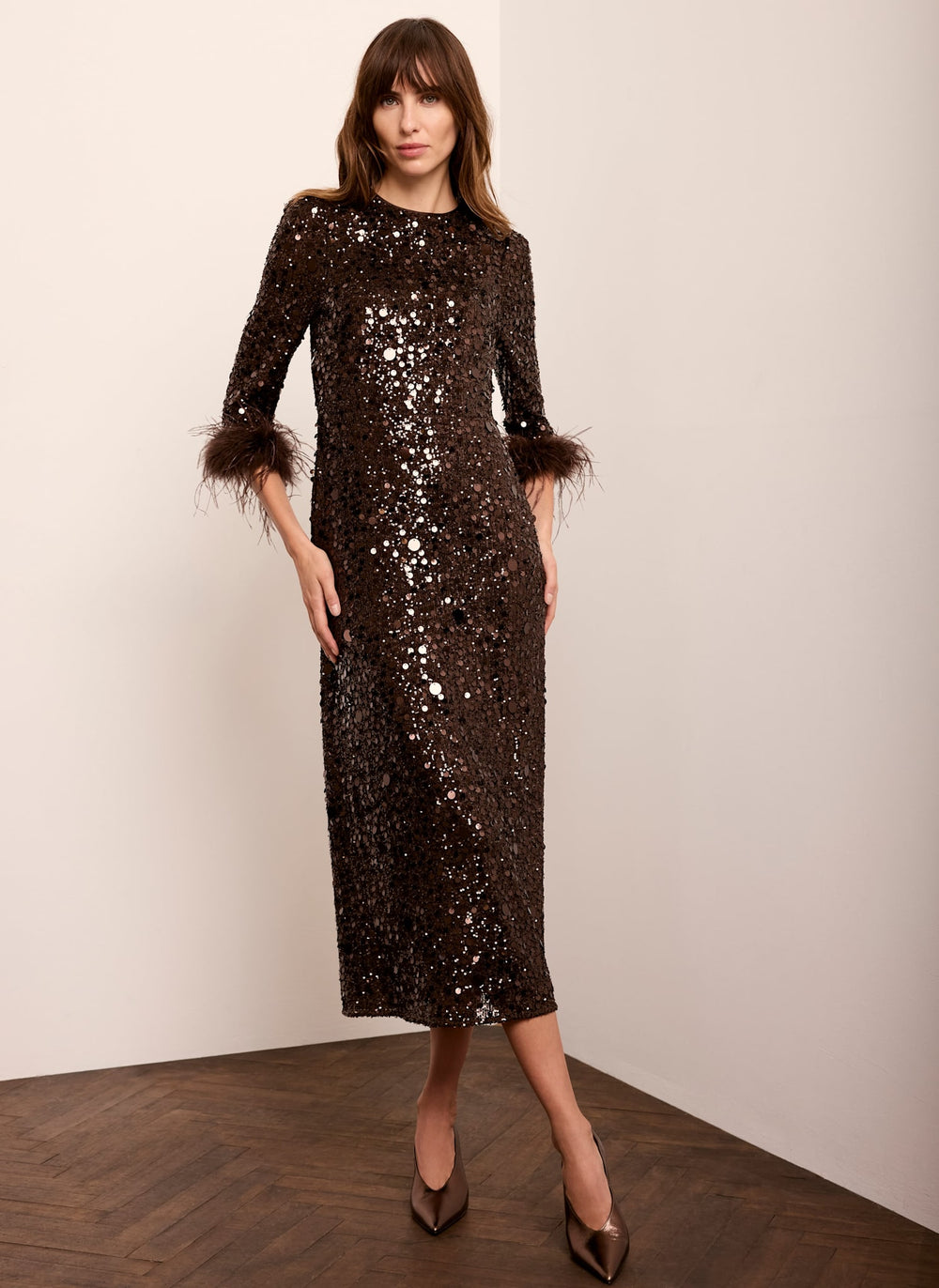 Brown Sequin Feather Trim Midi Dress