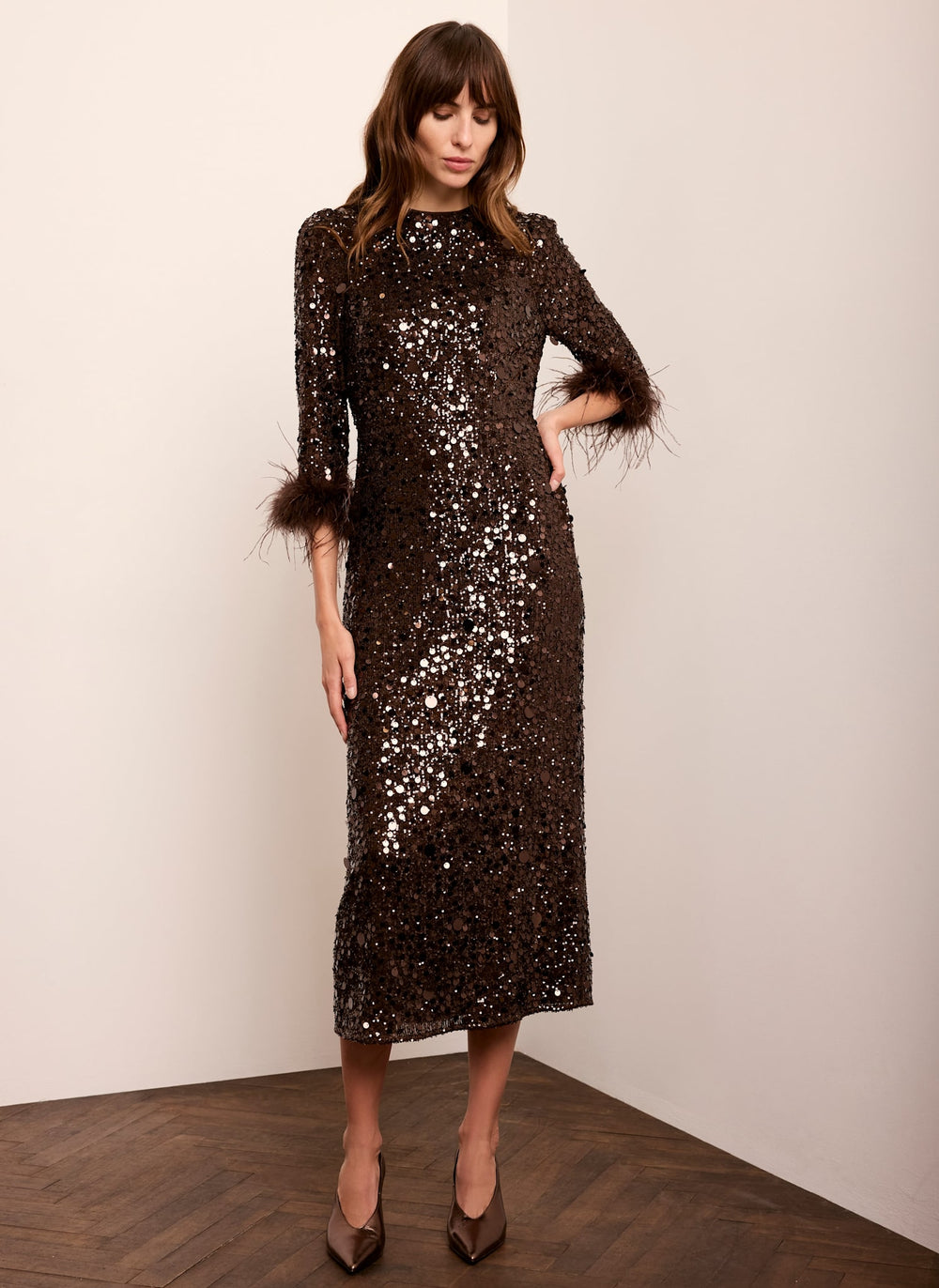 Brown Sequin Feather Trim Midi Dress
