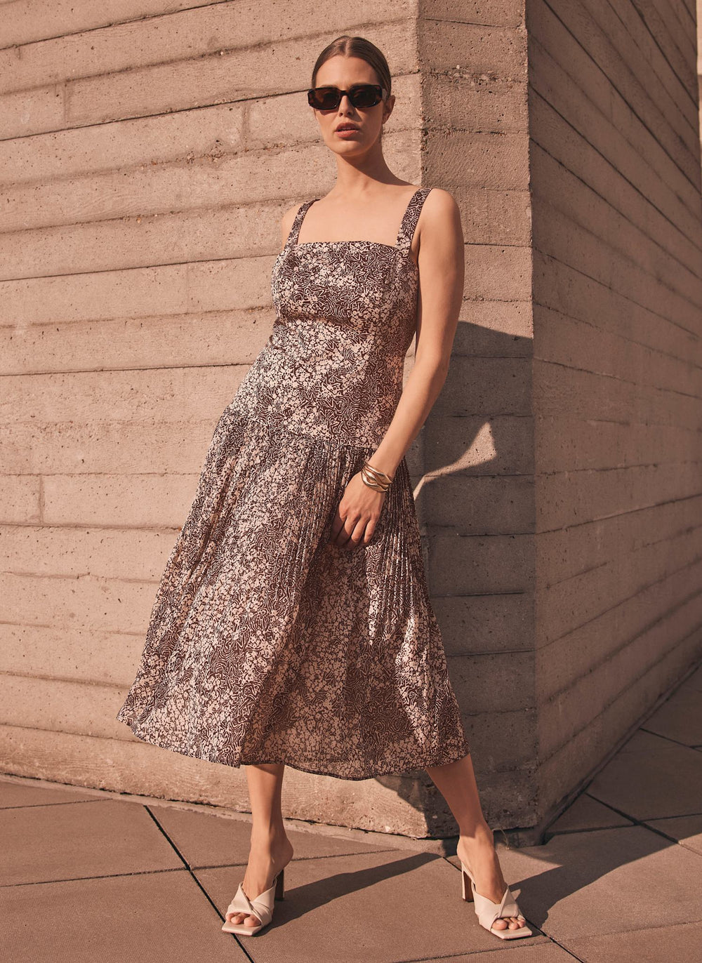 Brown Floral Print Midi Dress