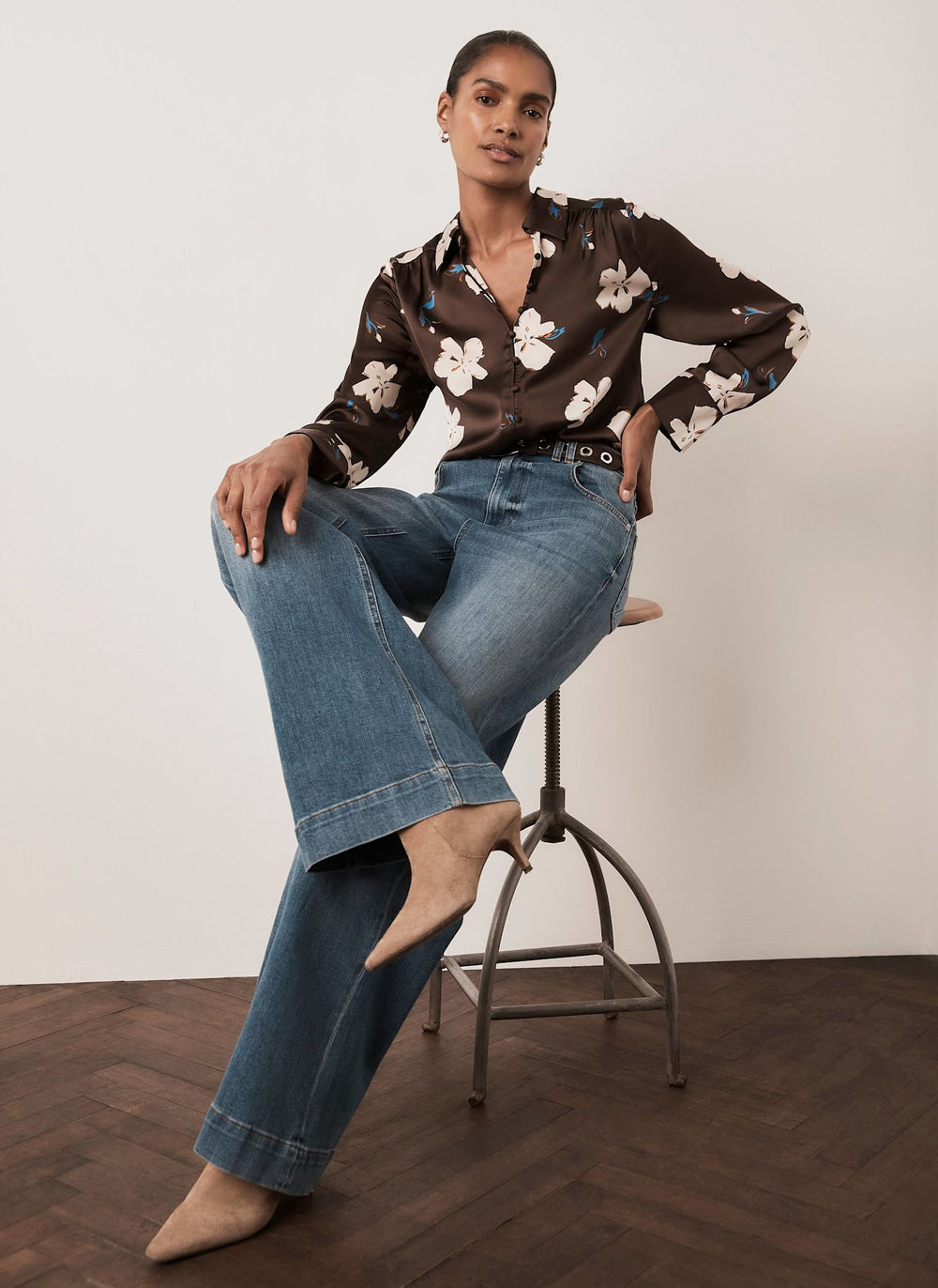 Brown Satin Floral Print Shirt