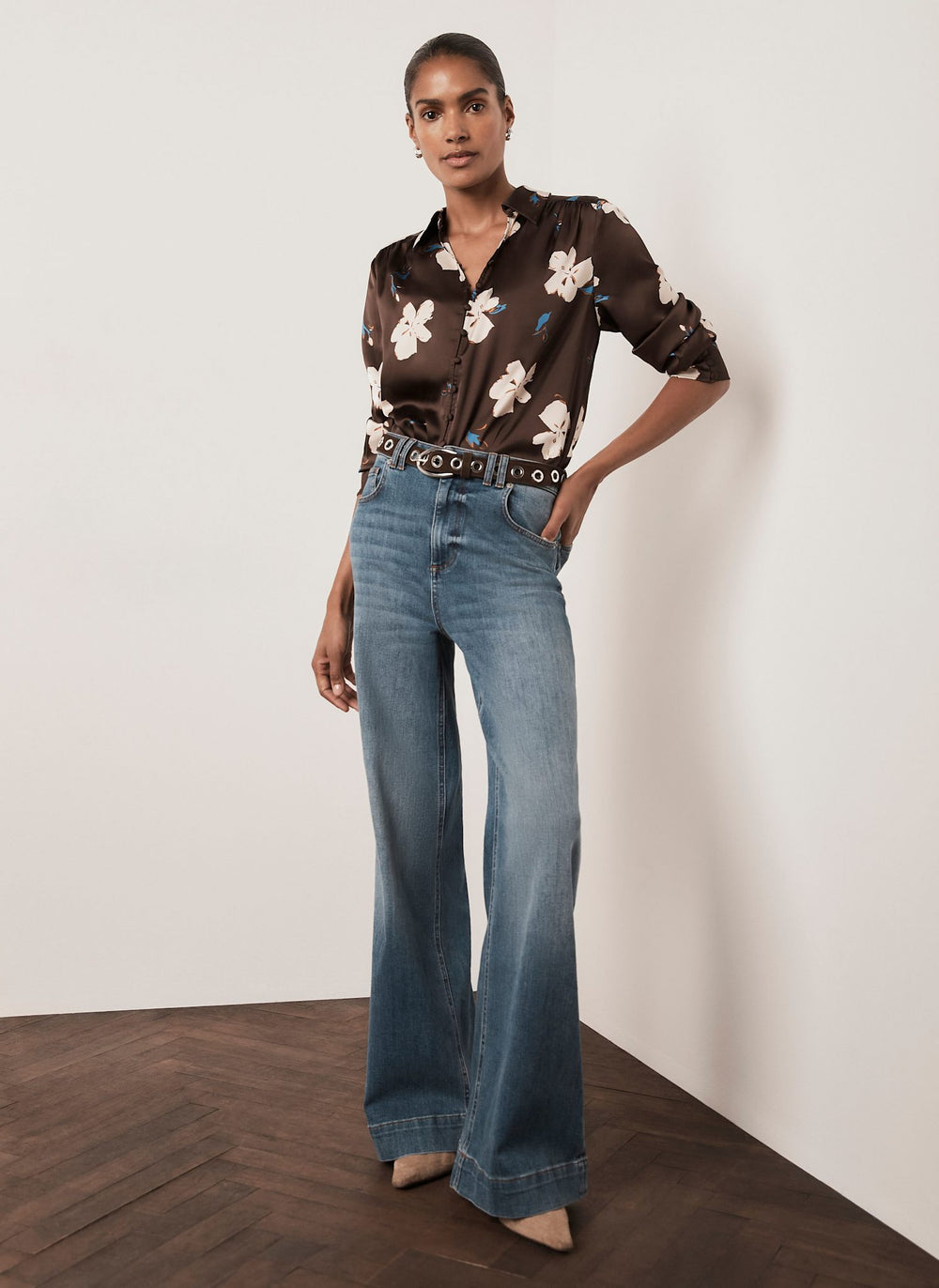 Brown Satin Floral Print Shirt