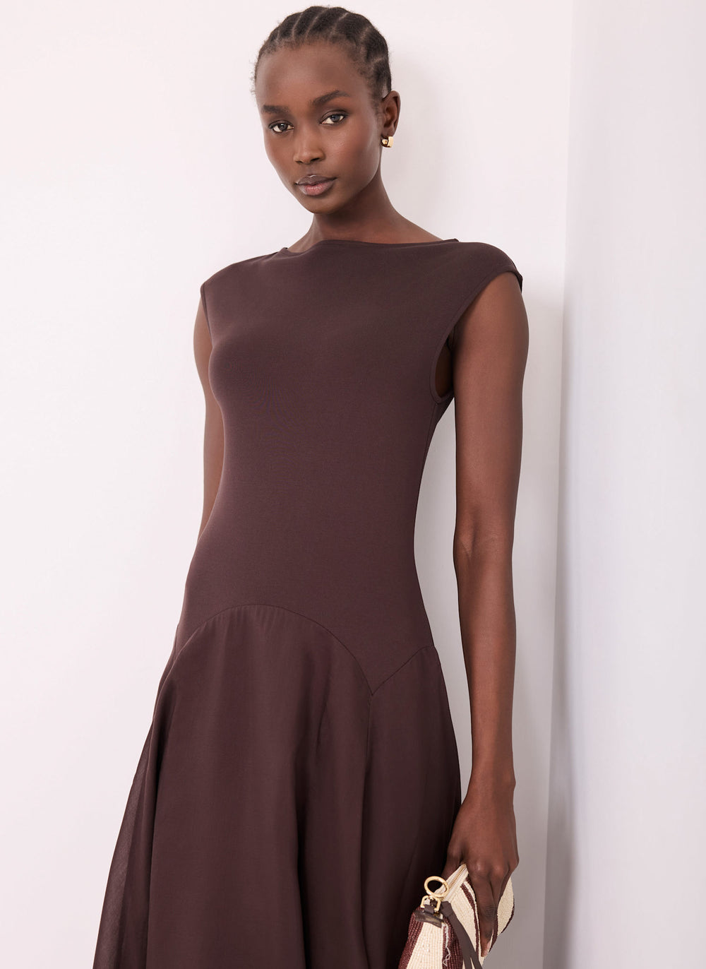 Brown Sleeveless Drop Waist Midi Dress Mint Velvet Brown Sleeveless Drop Waist Midi Dress Mint Velvet
