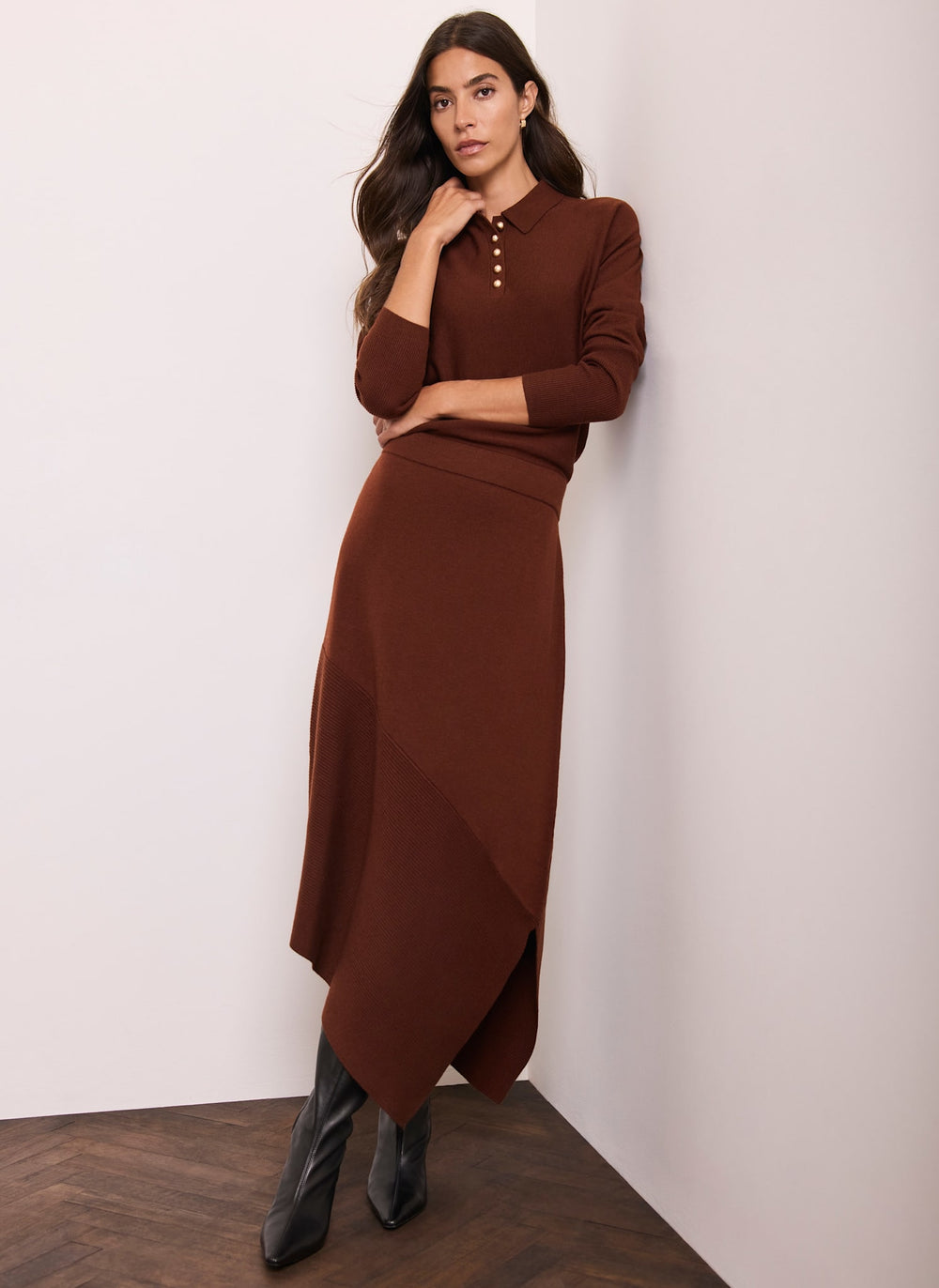 Brown Knitted Asymmetric Hem Midi Dress