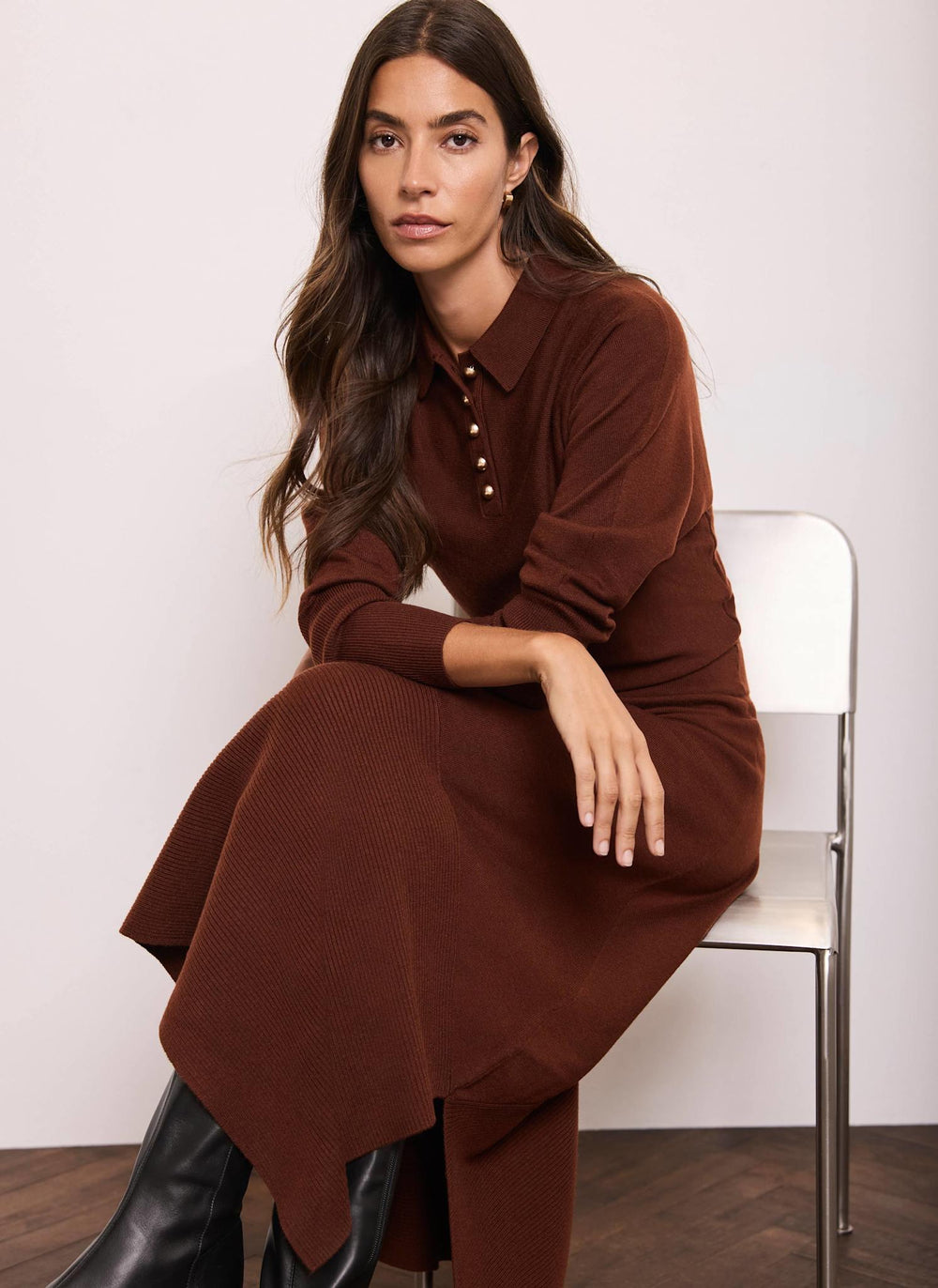 Brown Knitted Asymmetric Hem Midi Dress