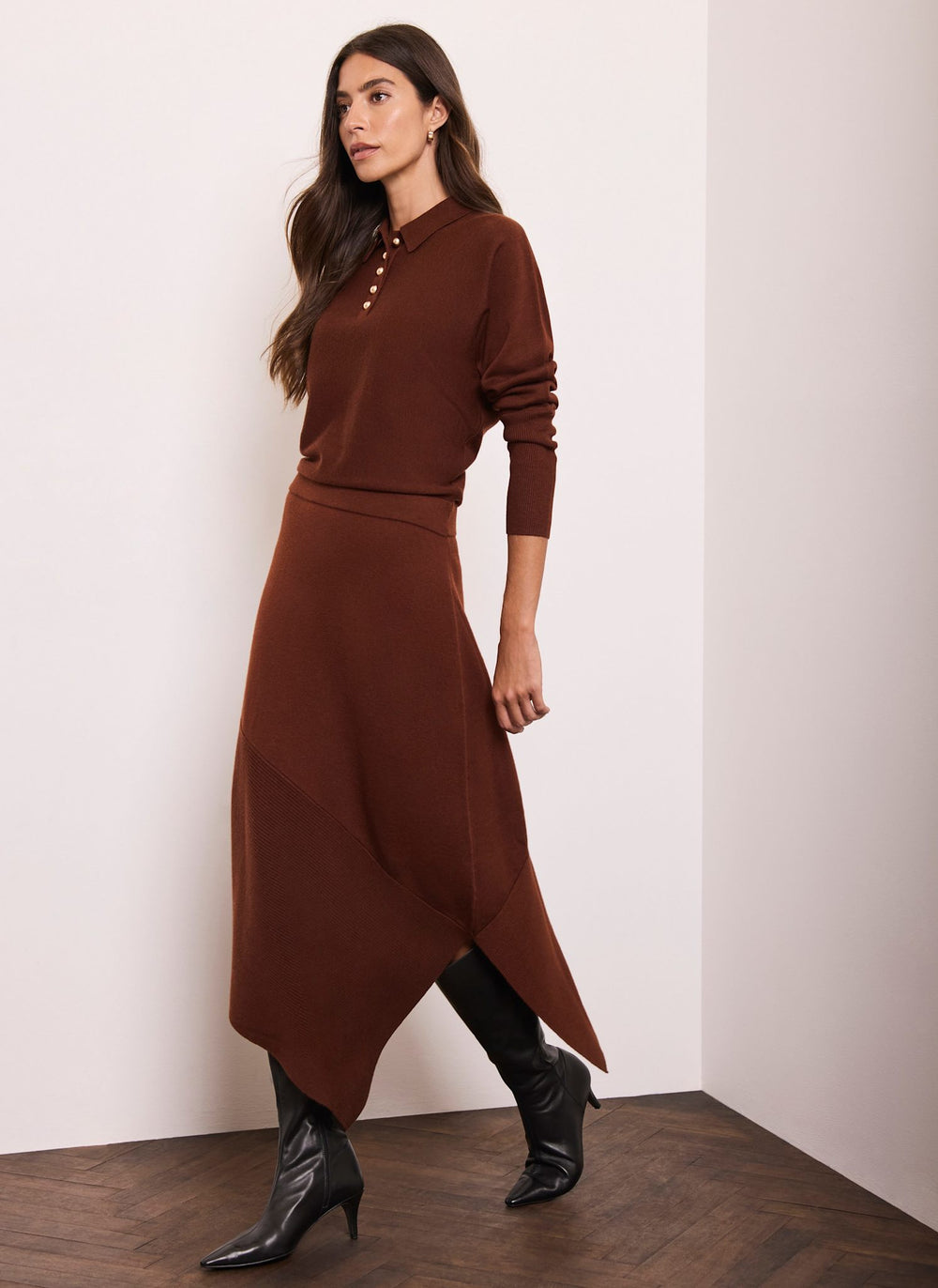 Brown Knitted Asymmetric Hem Midi Dress