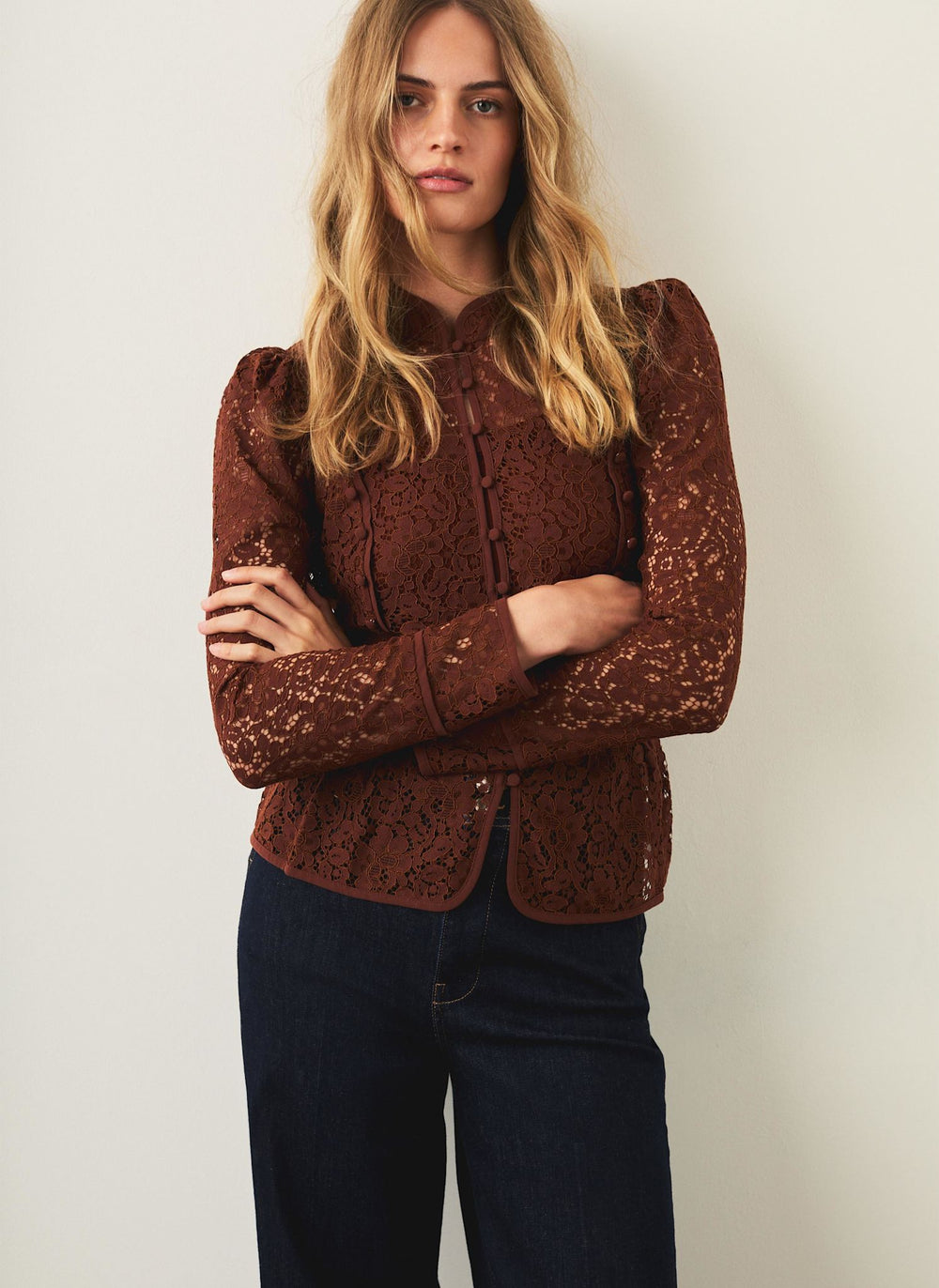 Brown Lace Military Blouse