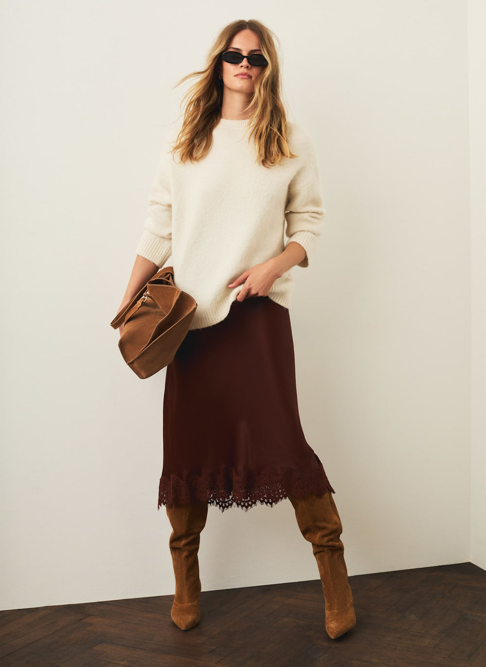 Brown Satin Lace Trim Maxi Skirt
