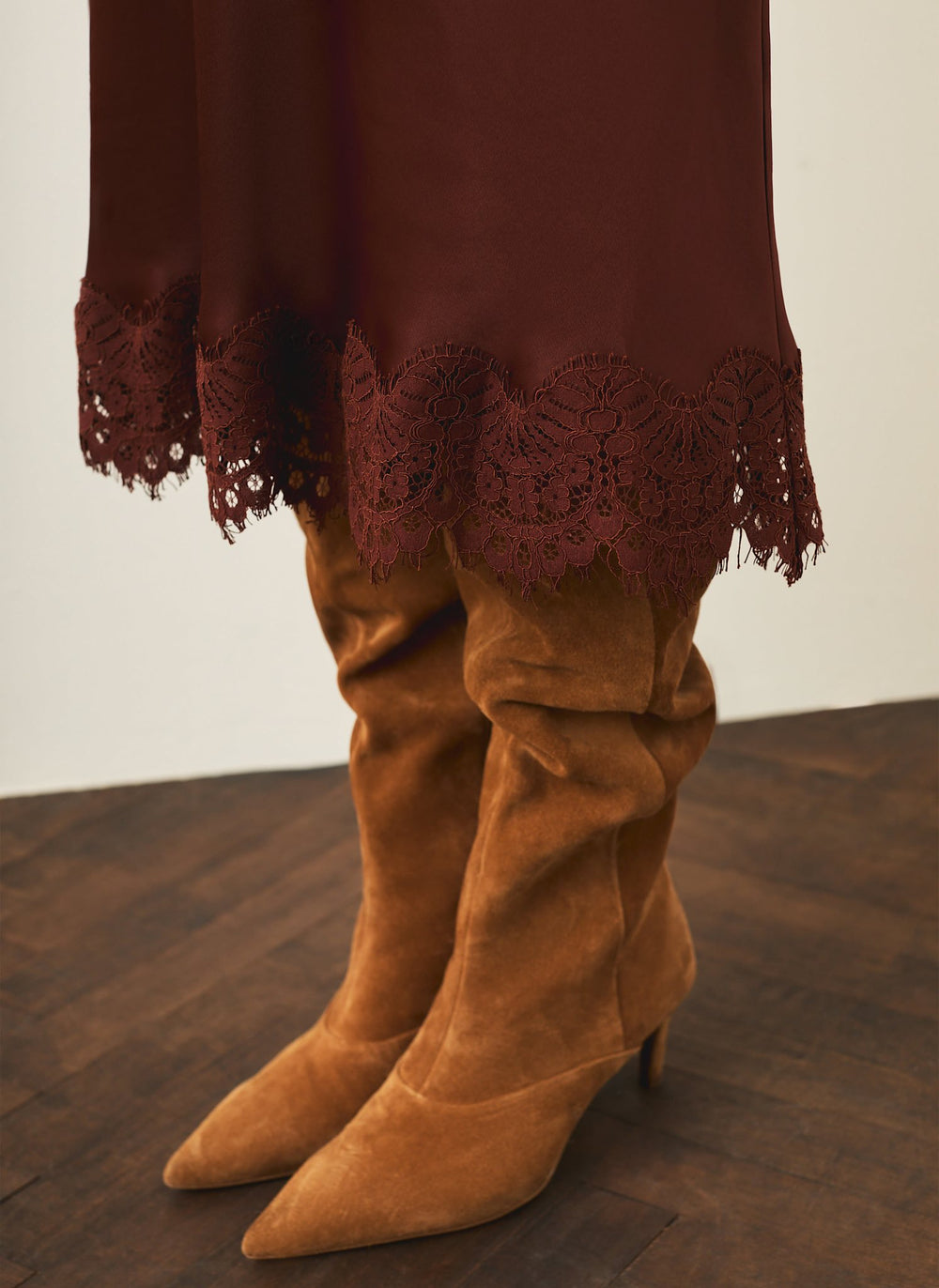 Brown Satin Lace Trim Maxi Skirt