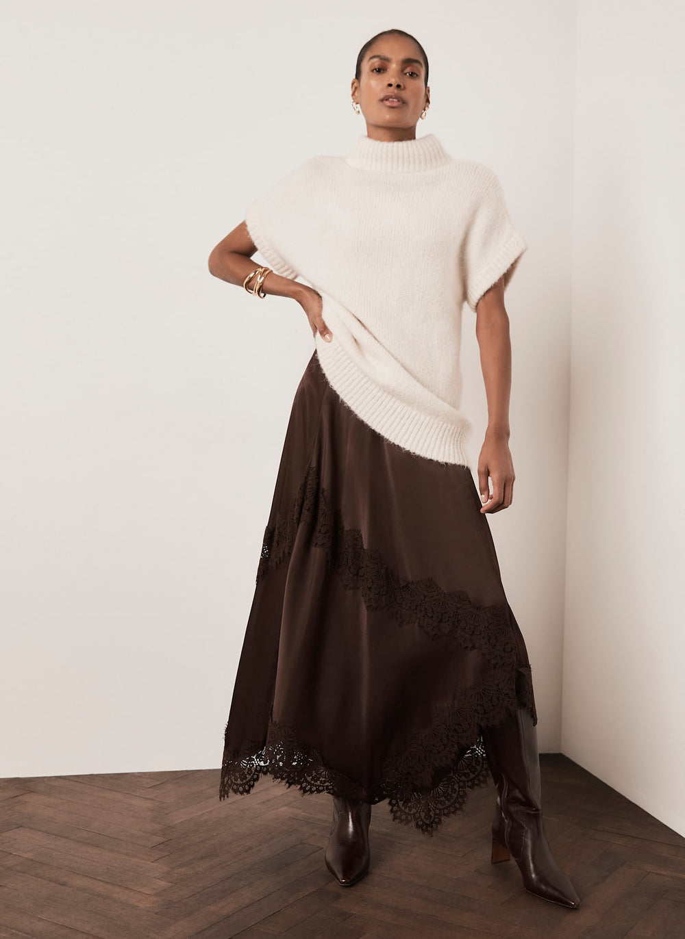 Brown Satin Lace Trim Midi Skirt