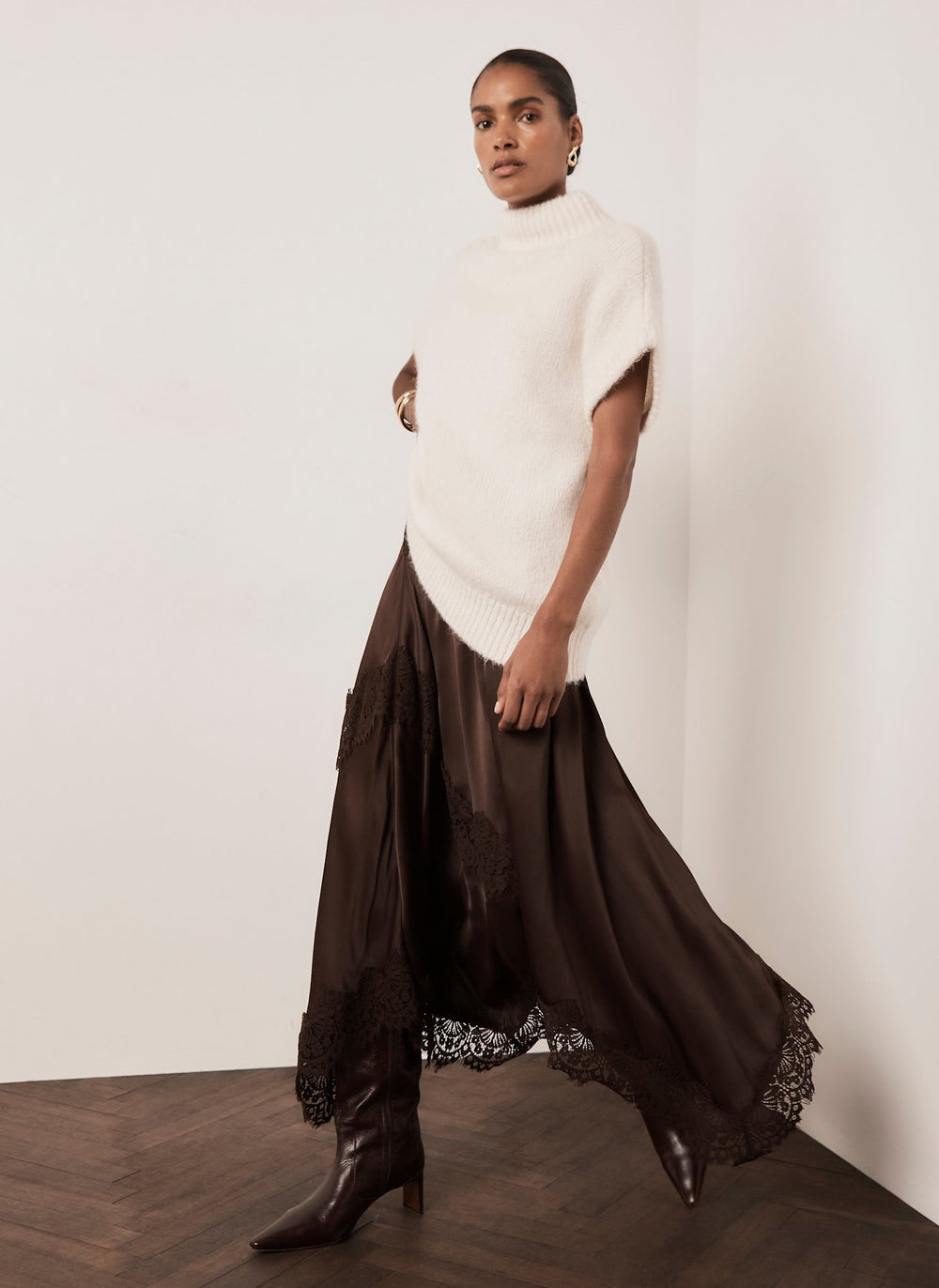 Brown Satin Lace Trim Midi Skirt