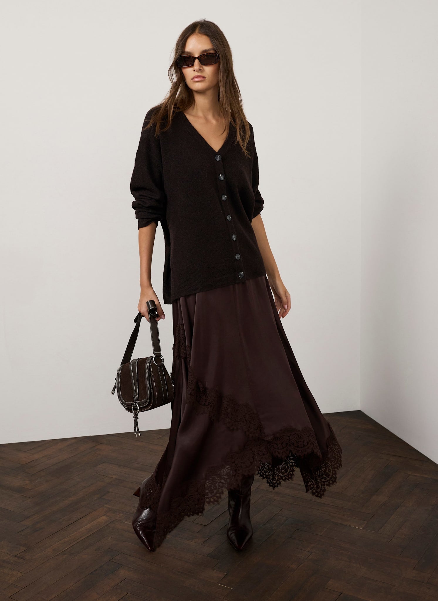 Brown Satin Lace Trim Hanky Hem Midi Skirt – Mint Velvet