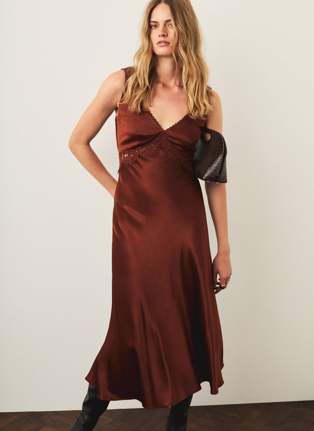 Brown Satin Lace Detail Midi Dress