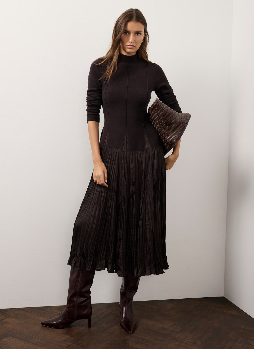 brown crinkle dress Layered Drop Waist Knit Midi Crinkled woven linen