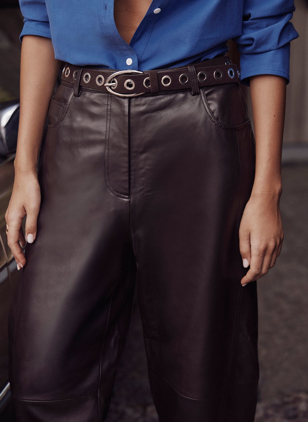 Brown Leather Barrel Leg Trousers