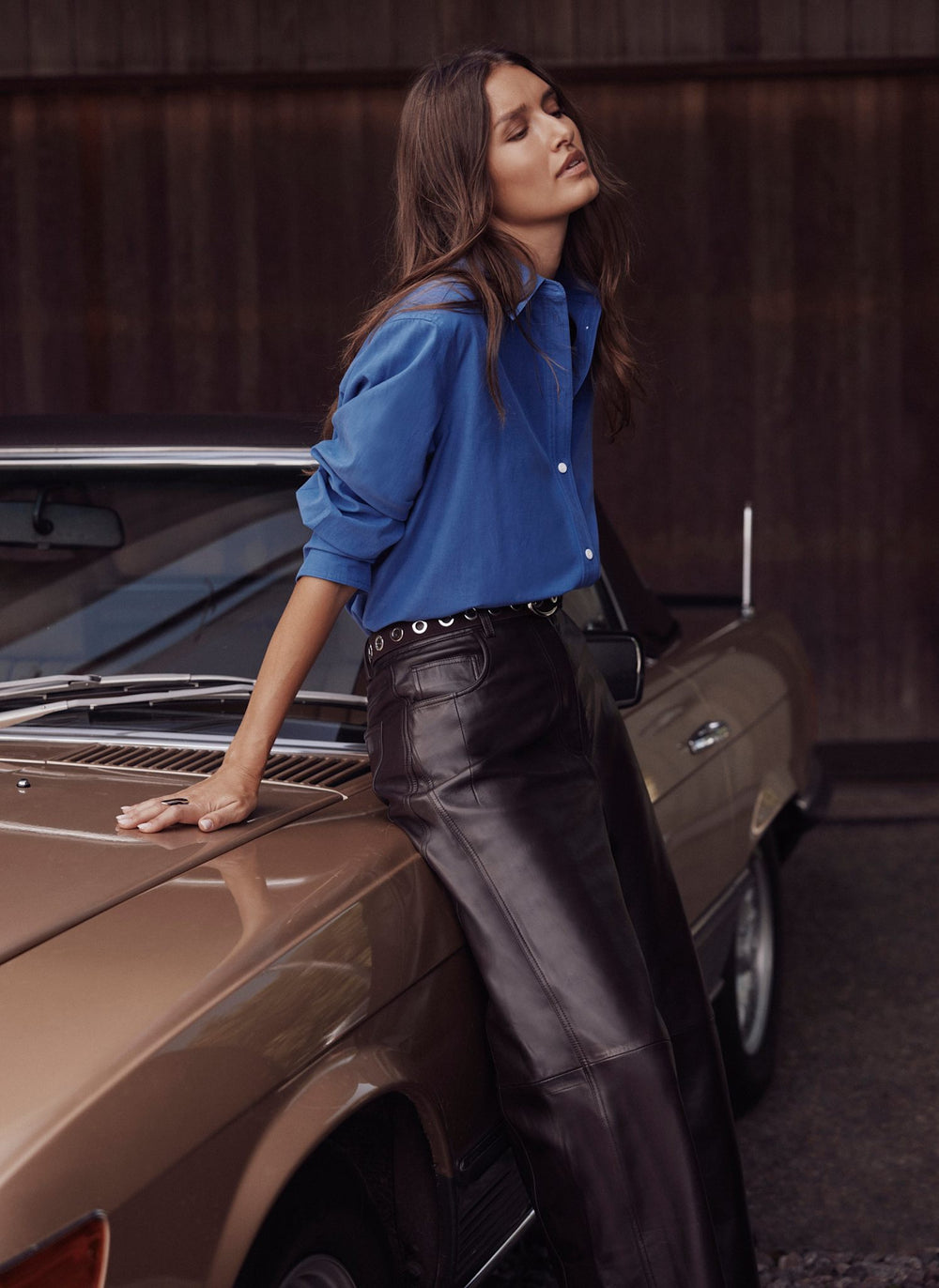 Brown Leather Barrel Leg Trousers