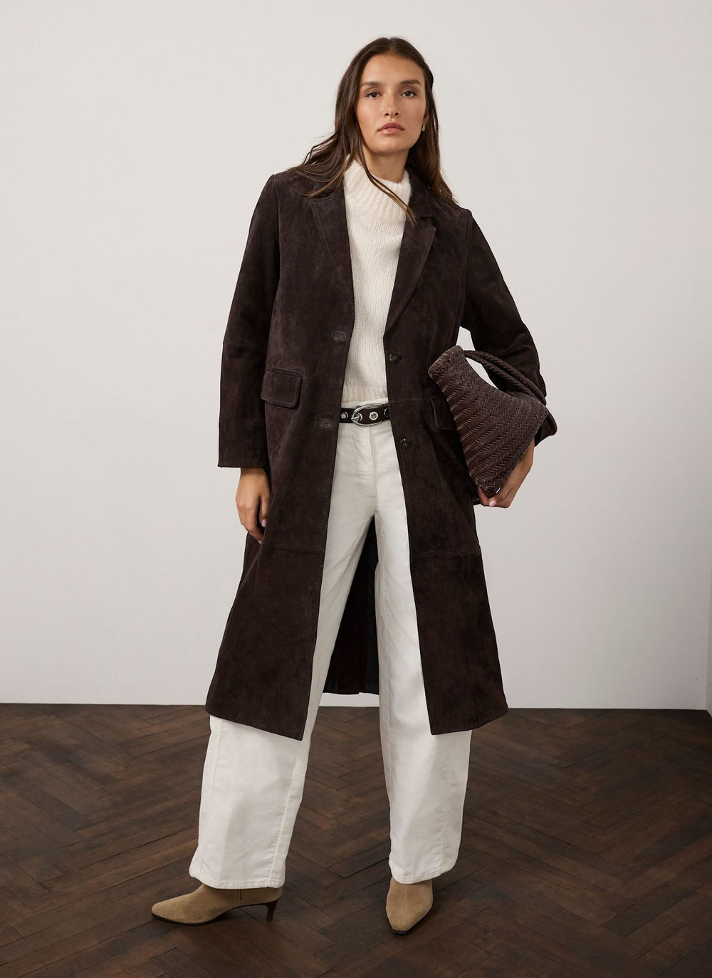 Brown Suede Single Breasted Longline Coat