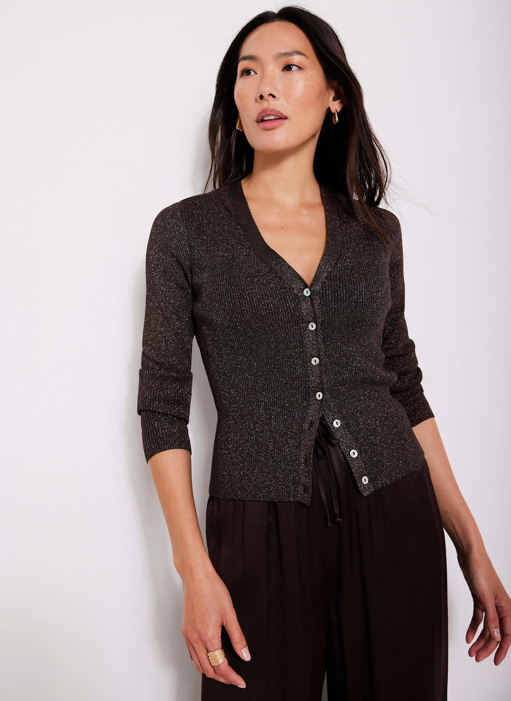 Brown Metallic Ribbed Knit Cardigan