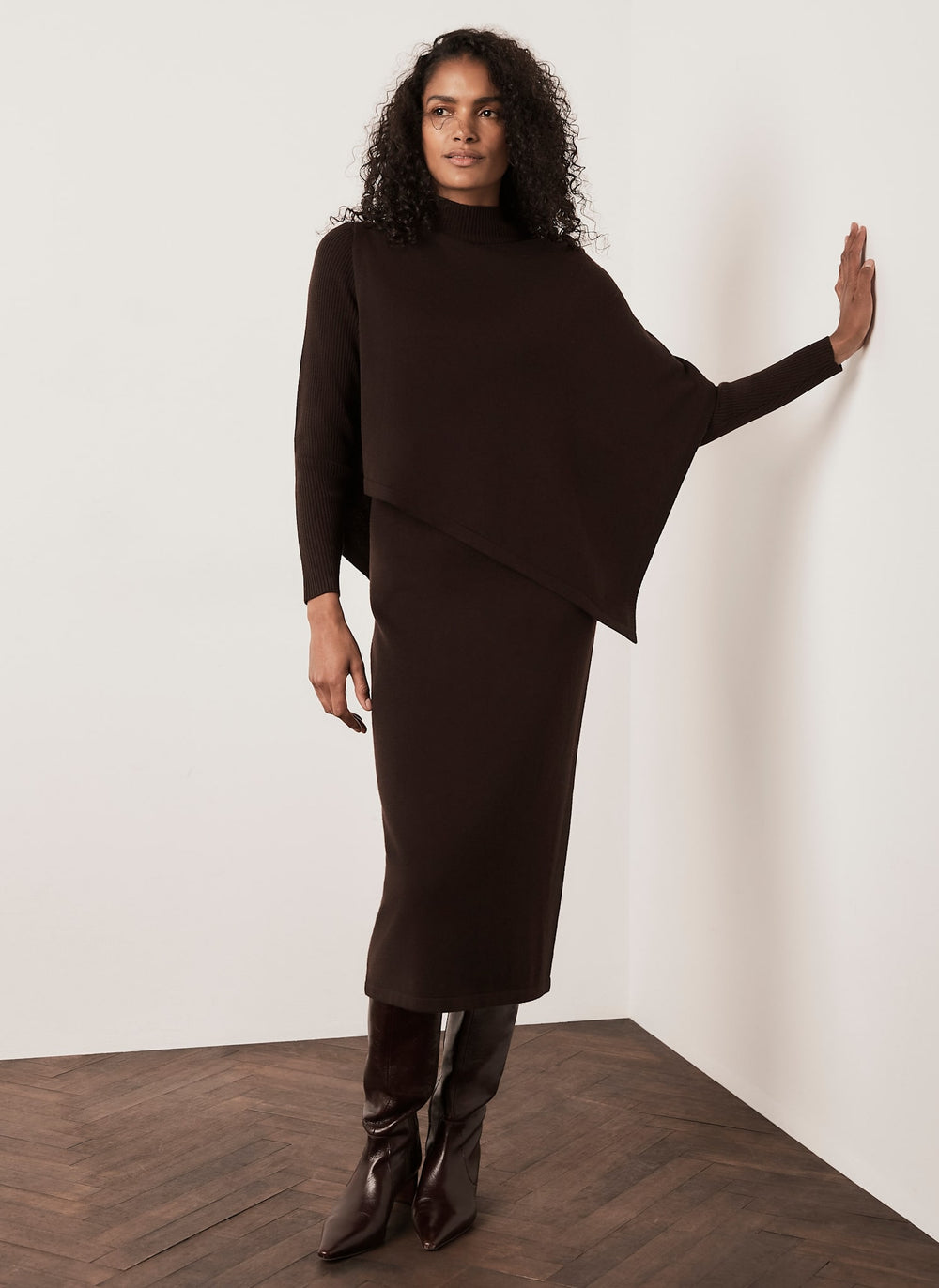 Brown Poncho Knit Midi Dress