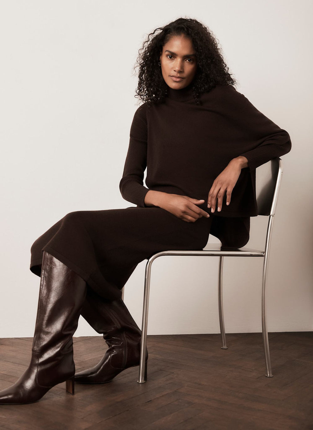 Brown Poncho Knit Midi Dress