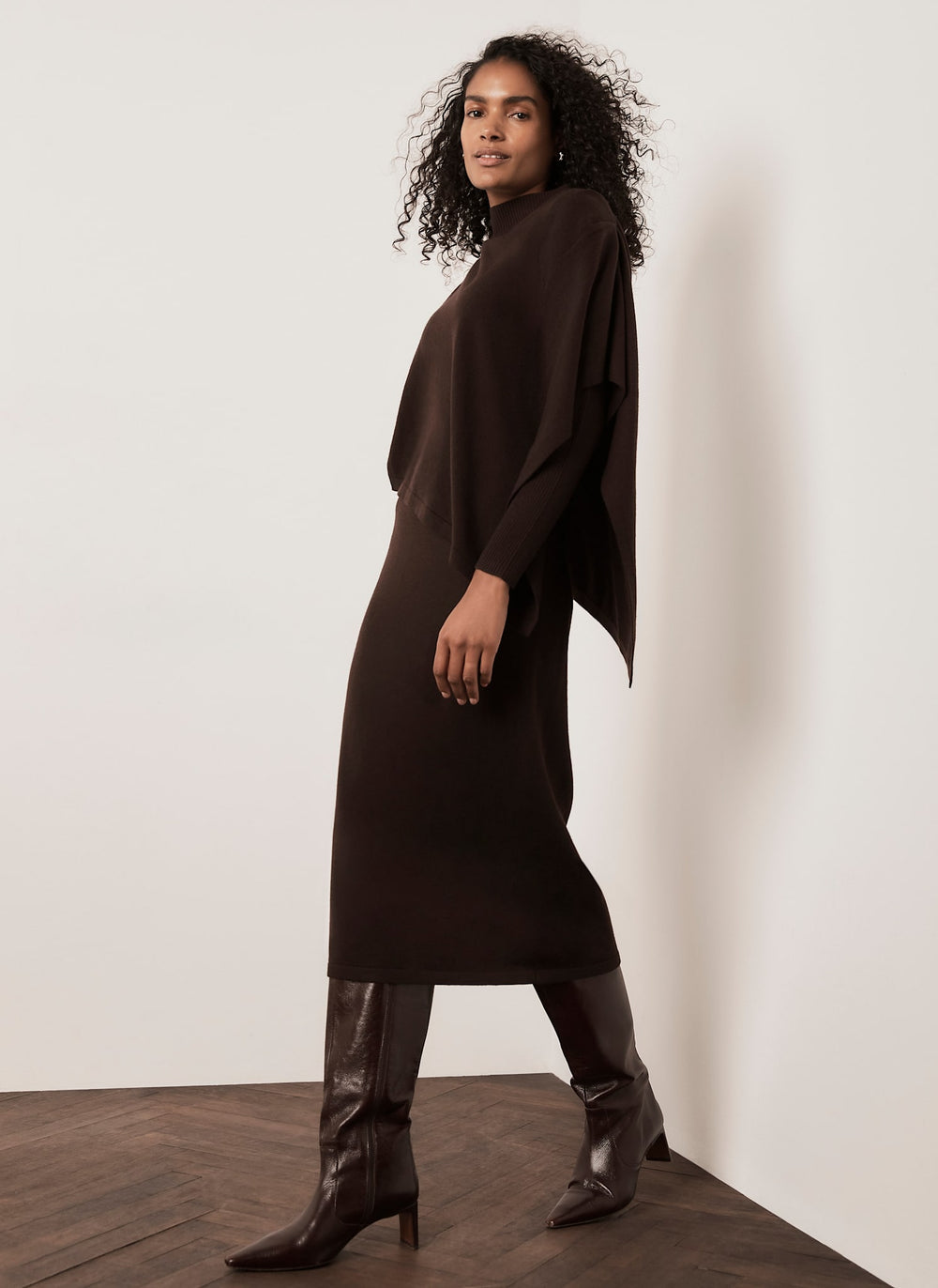 Brown Poncho Knit Midi Dress