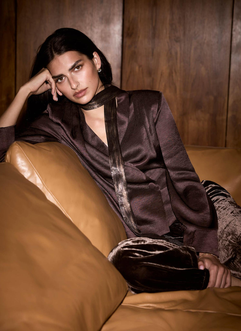Brown Print Satin Fringed Detail Skinny Scarf