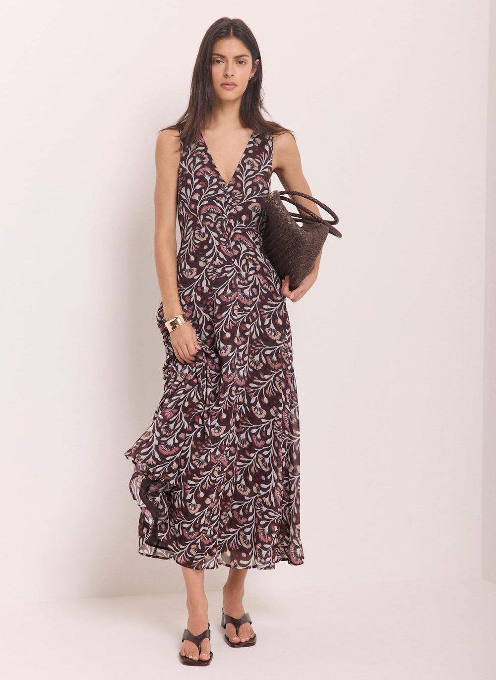 Brown Floral Print Maxi Dress