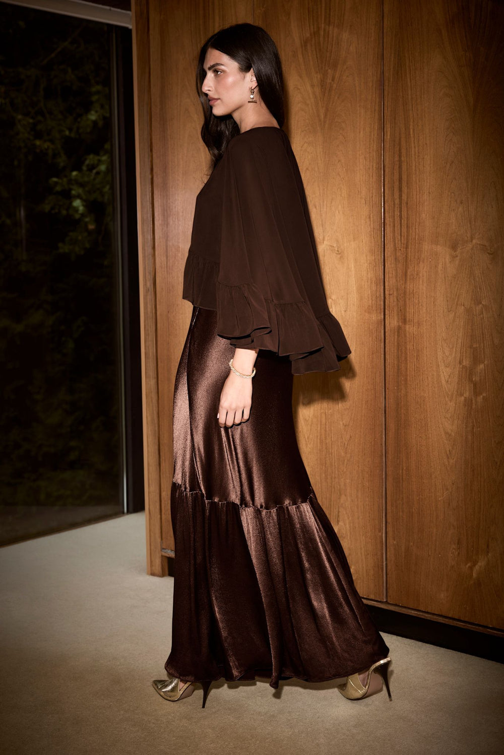 Brown Satin Ruffle Cape Midi Dress