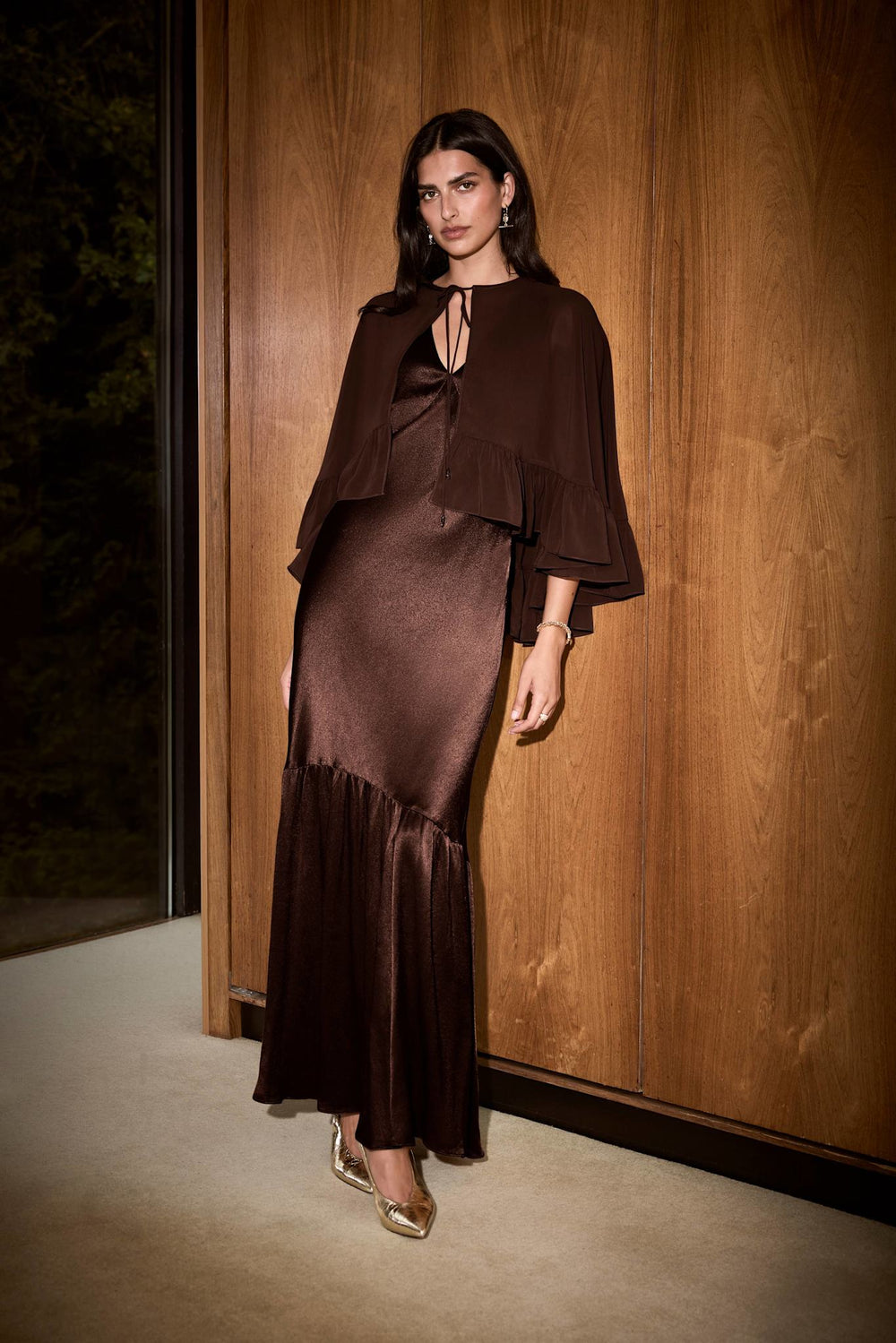 Brown Satin Ruffle Cape Midi Dress
