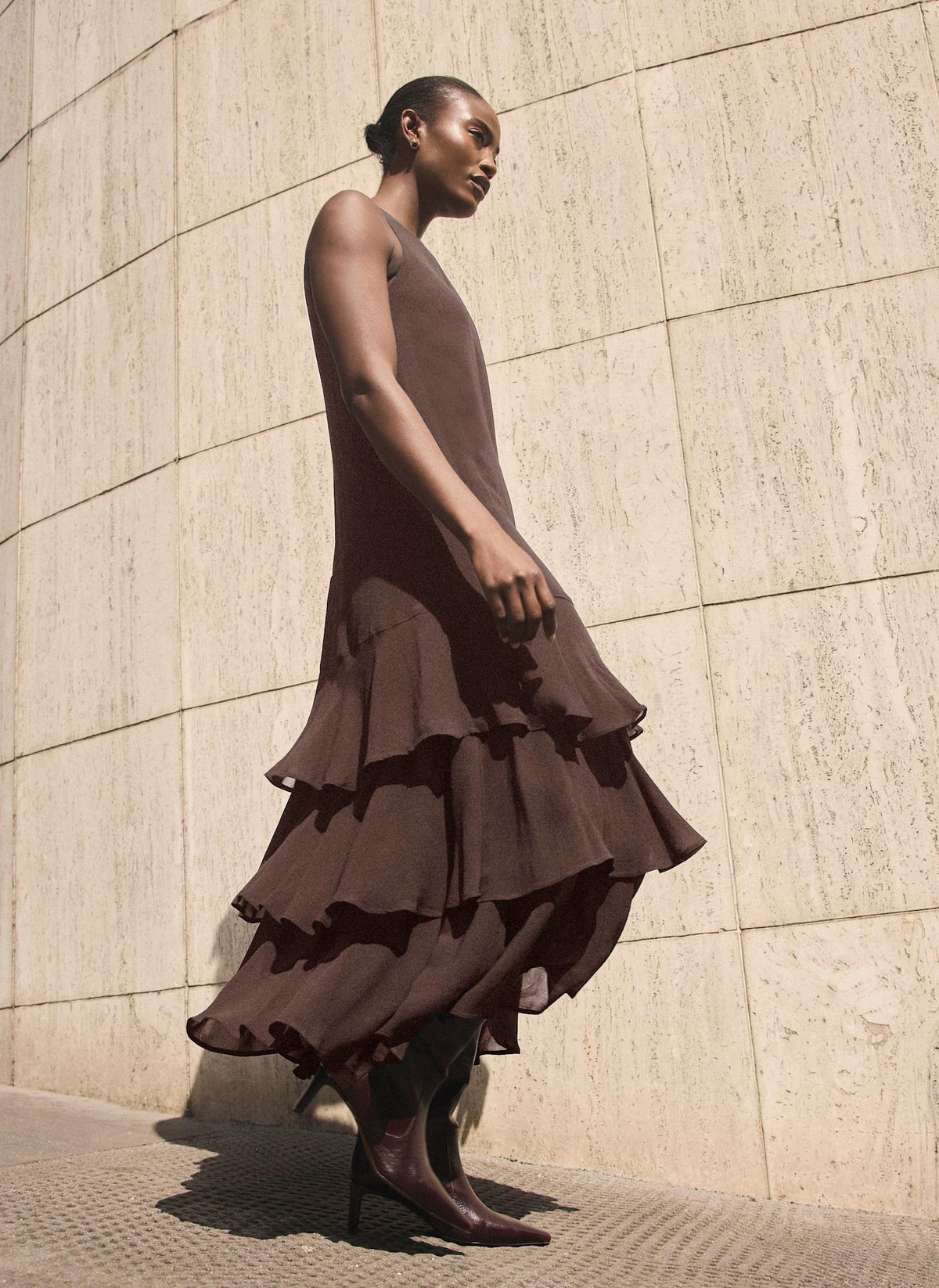 Brown Ruffle Midi Dress – Mint Velvet