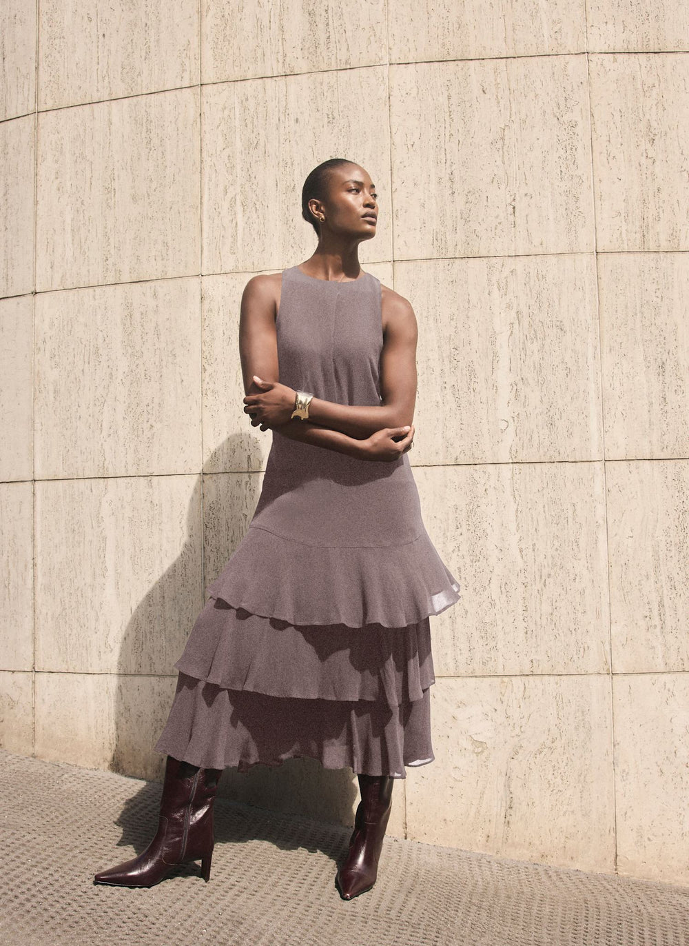 Brown Ruffle Midi Dress