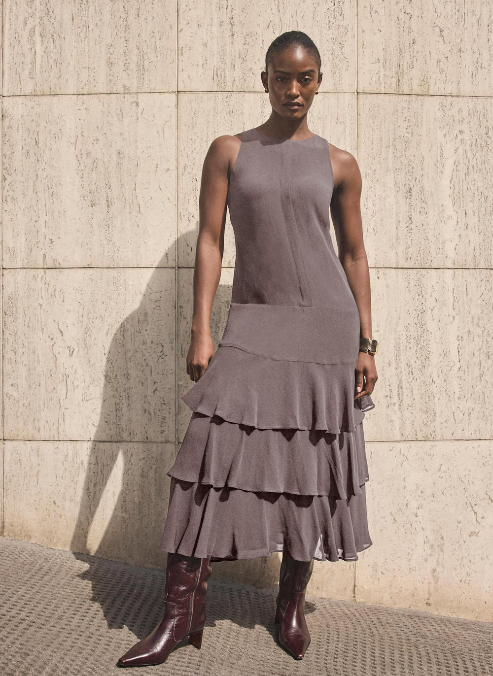 Brown Ruffle Midi Dress