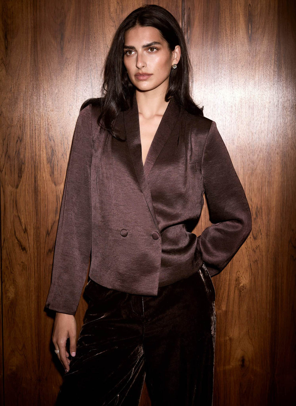Brown Satin Double Breasted Blazer