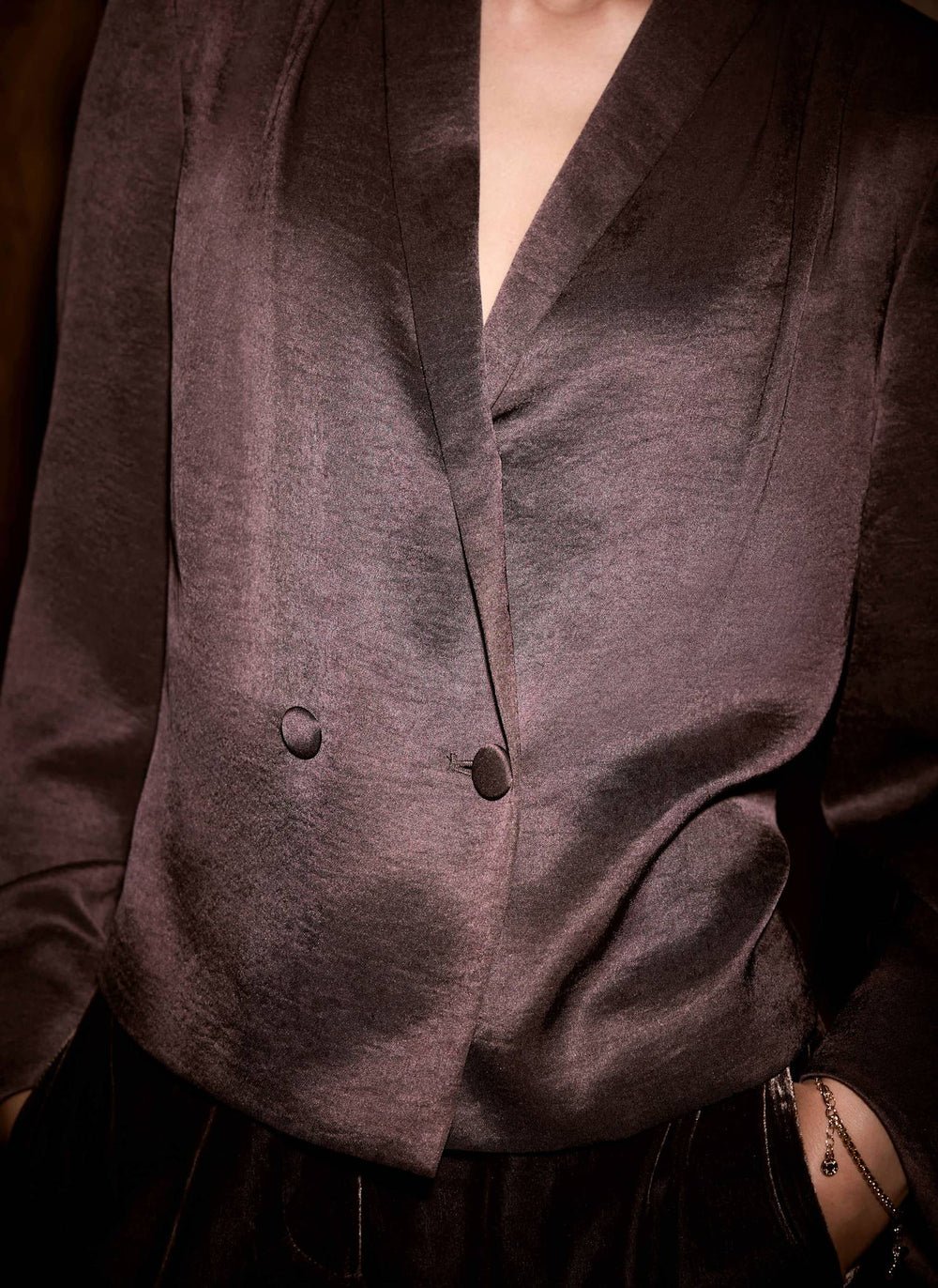 Brown Satin Double Breasted Blazer