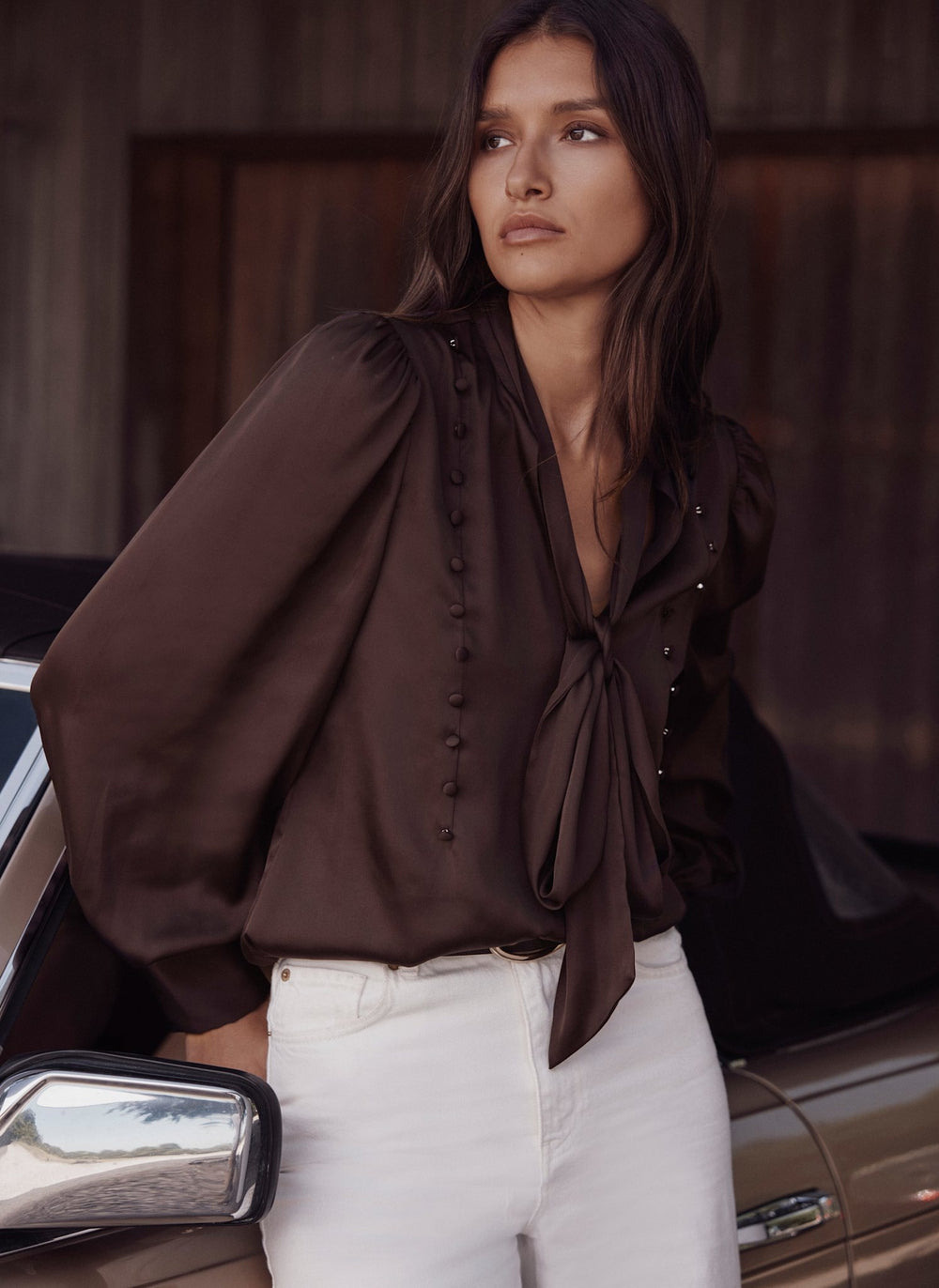 Brown Satin Pussybow Blouse