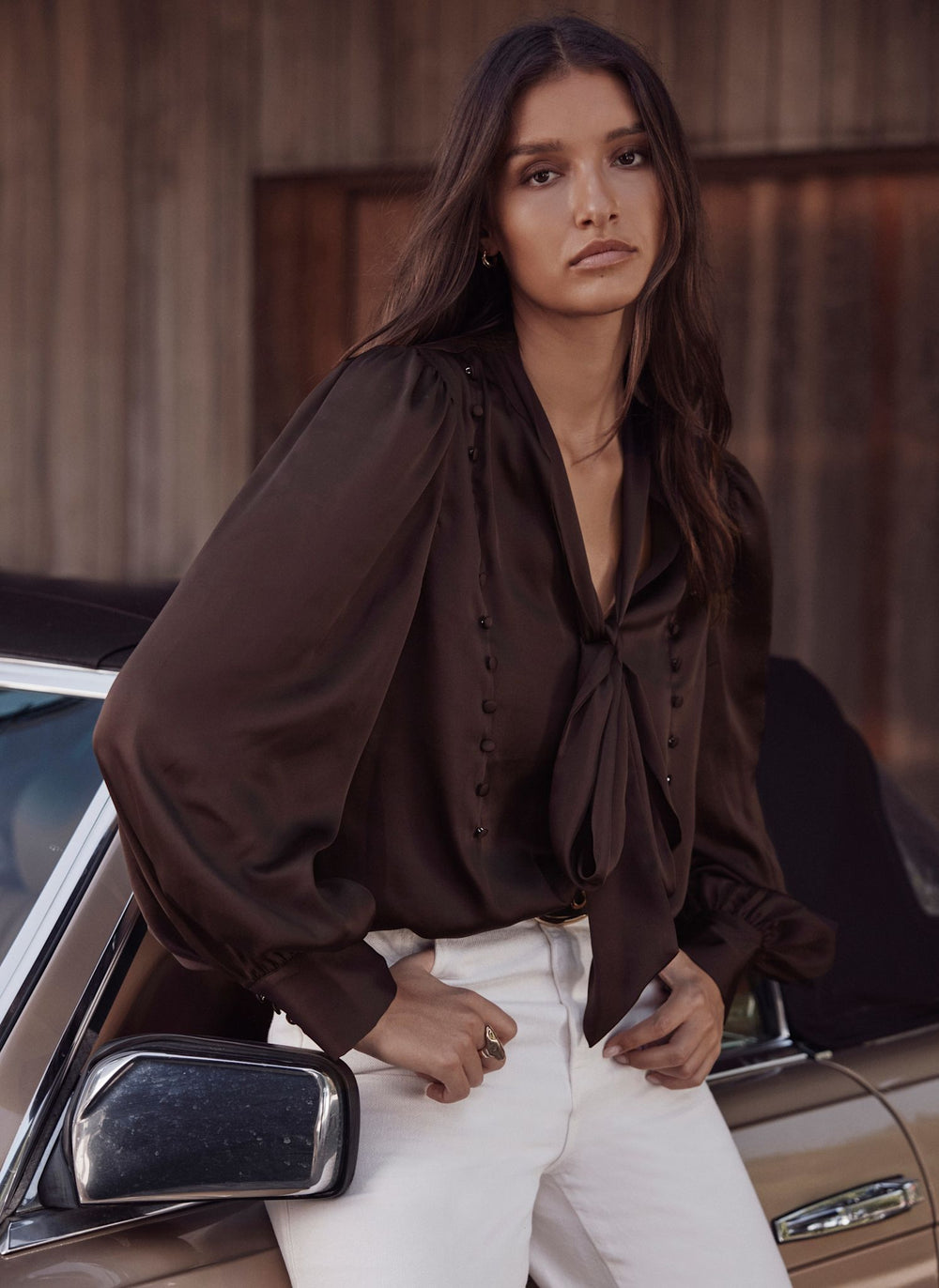 Brown Satin Pussybow Blouse