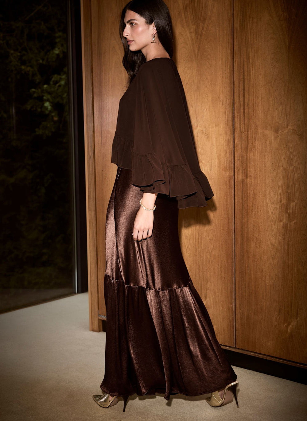 Brown Satin Ruffle Cape Maxi Dress