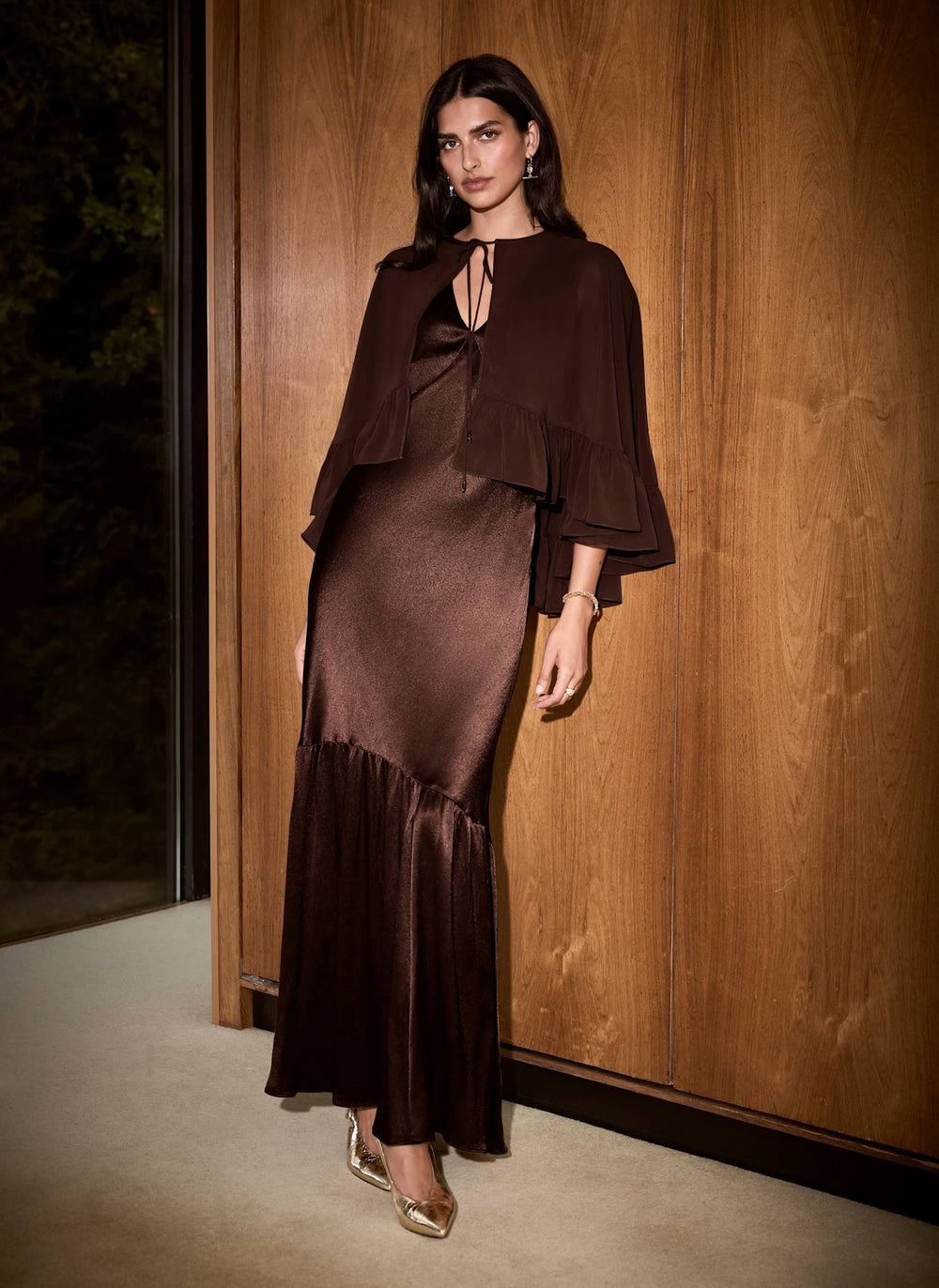 Brown Satin Ruffle Cape Maxi Dress