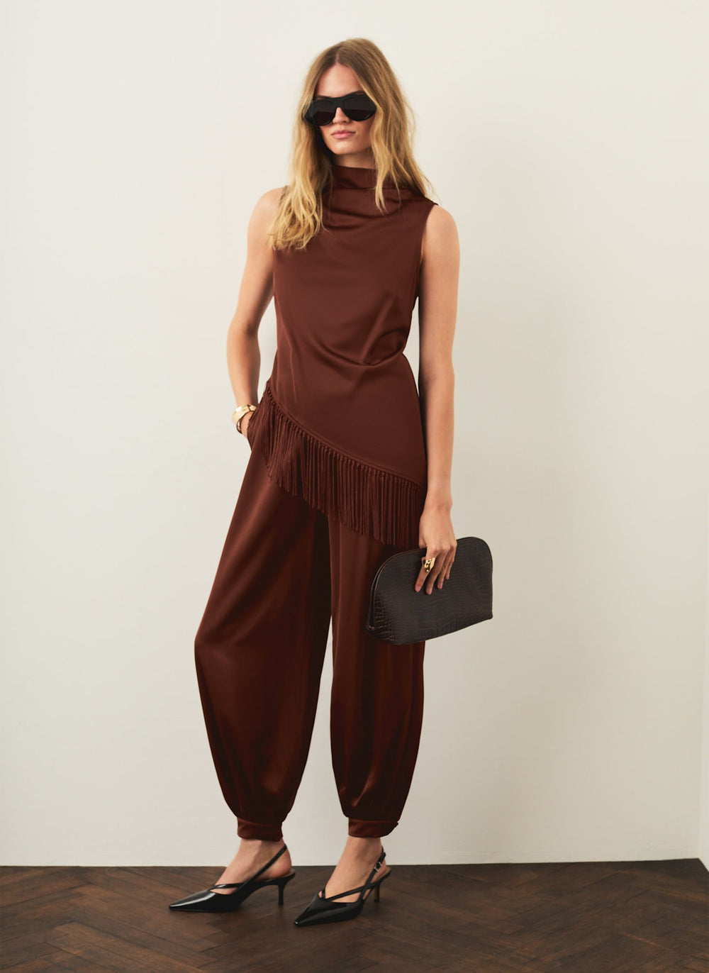 Brown Satin Fringe Hem Top
