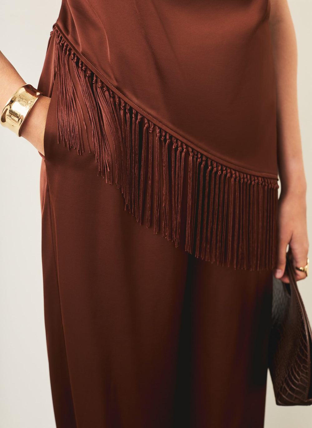 Brown Satin Fringe Hem Top
