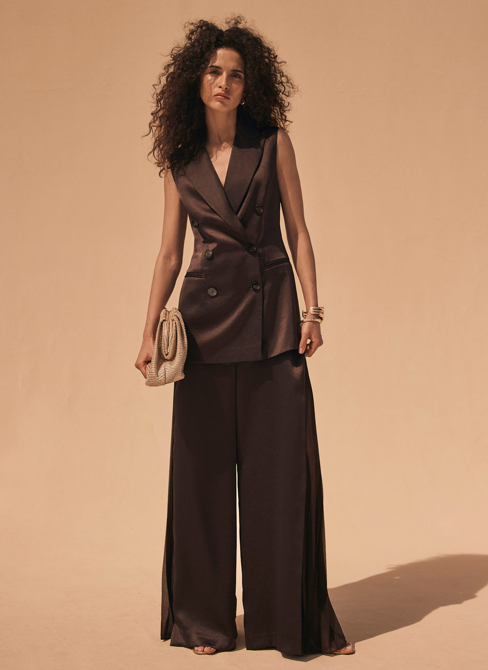 Brown Satin Wrap Longline Waistcoat