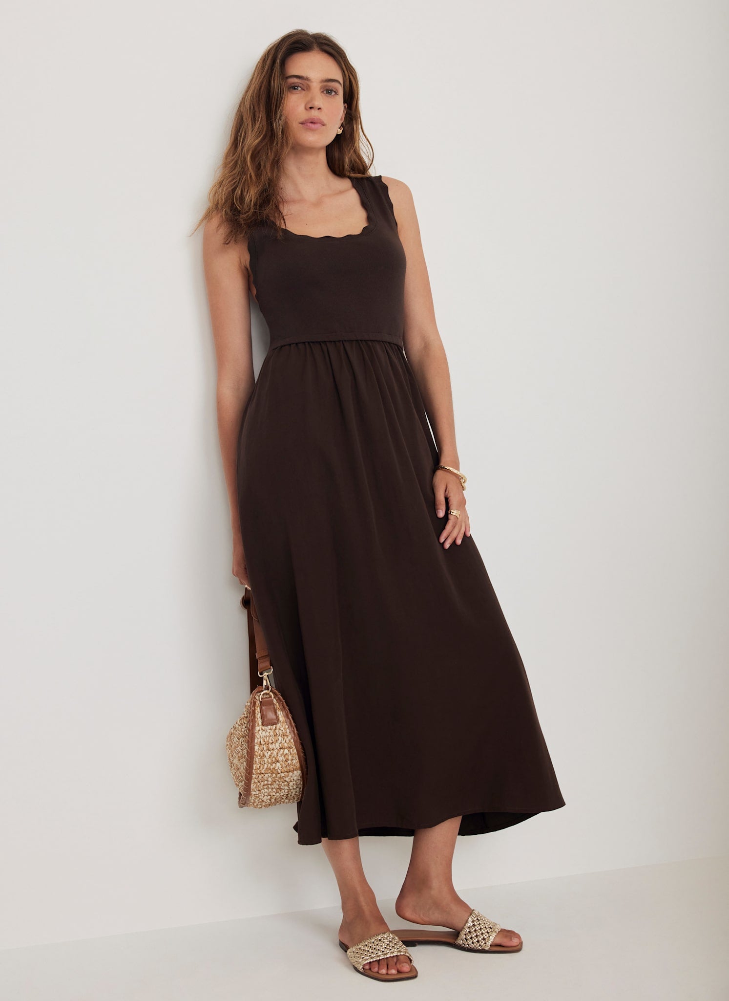 Brown Scallop Trim Midi Dress