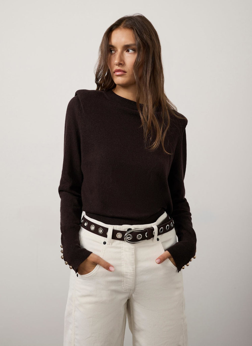 Brown Cotton Blend Shoulder Detail Top