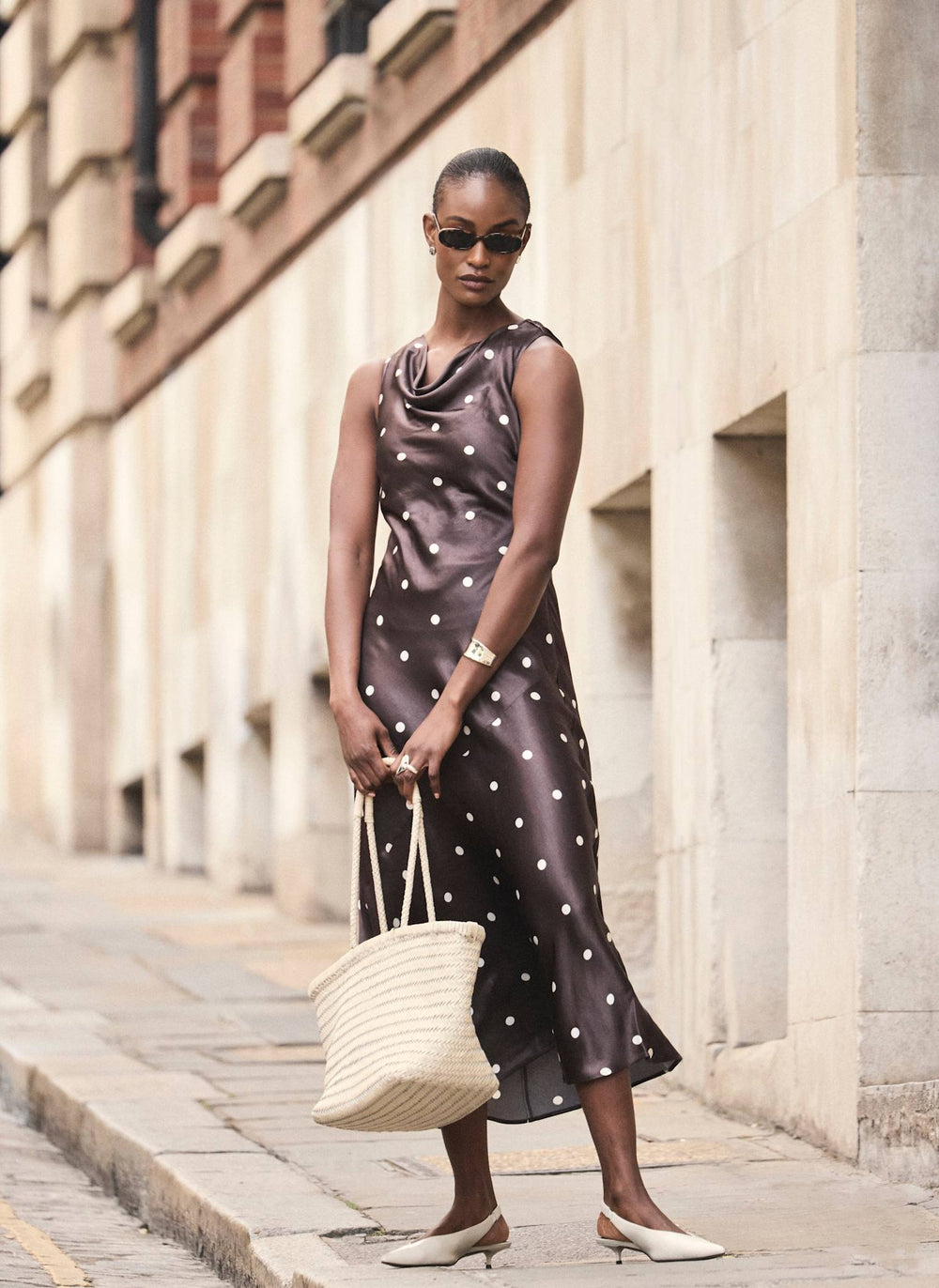 Brown Satin Polkadot Midi Dress